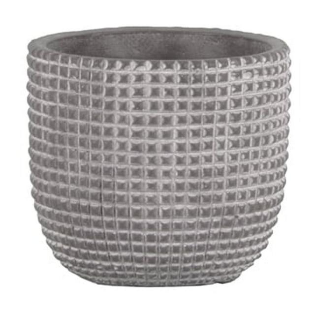 Cement Round Pot with Engraved Square Lattice Tapered Bottom, Natural & Light Gray - Small