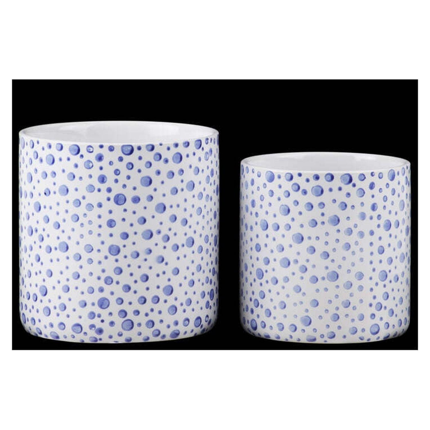 Elegant Spotted Blue and White Gloss Ceramic Round Planters, Set of 2