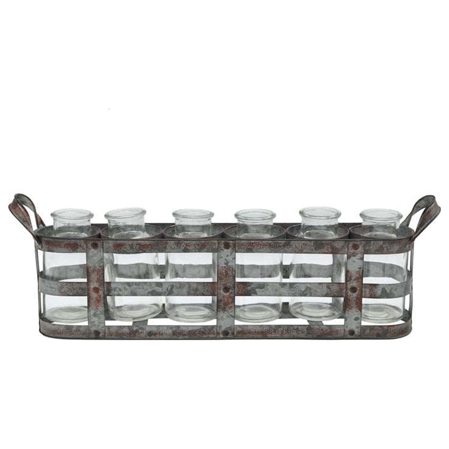 Urban Trends Collection Metal Bud Vase Holder with Side Handles and 6 Clear Round Bottles Tarnished Finish Gray