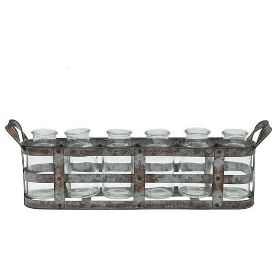 Urban Trends Collection Metal Bud Vase Holder with Side Handles and 6 Clear Round Bottles Tarnished Finish Gray