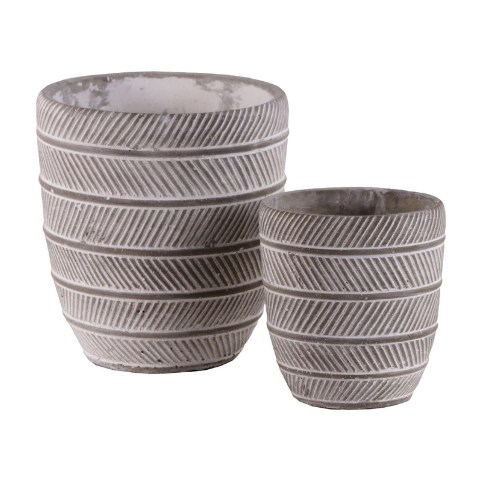 Washed Cement Round Planter Pots with Parallel Lines Design - Set of 2