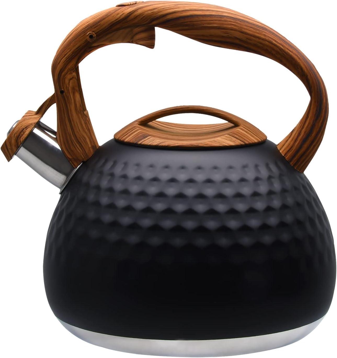 MODERN WALLS LLC Tea Kettle, 3.2 Qt Stainless Steel Whistling Kettle For Stove Top, Food Grade Teapot With Wood Pattern Handle For Coffee, Milk Etc, Gas Electric Applicable