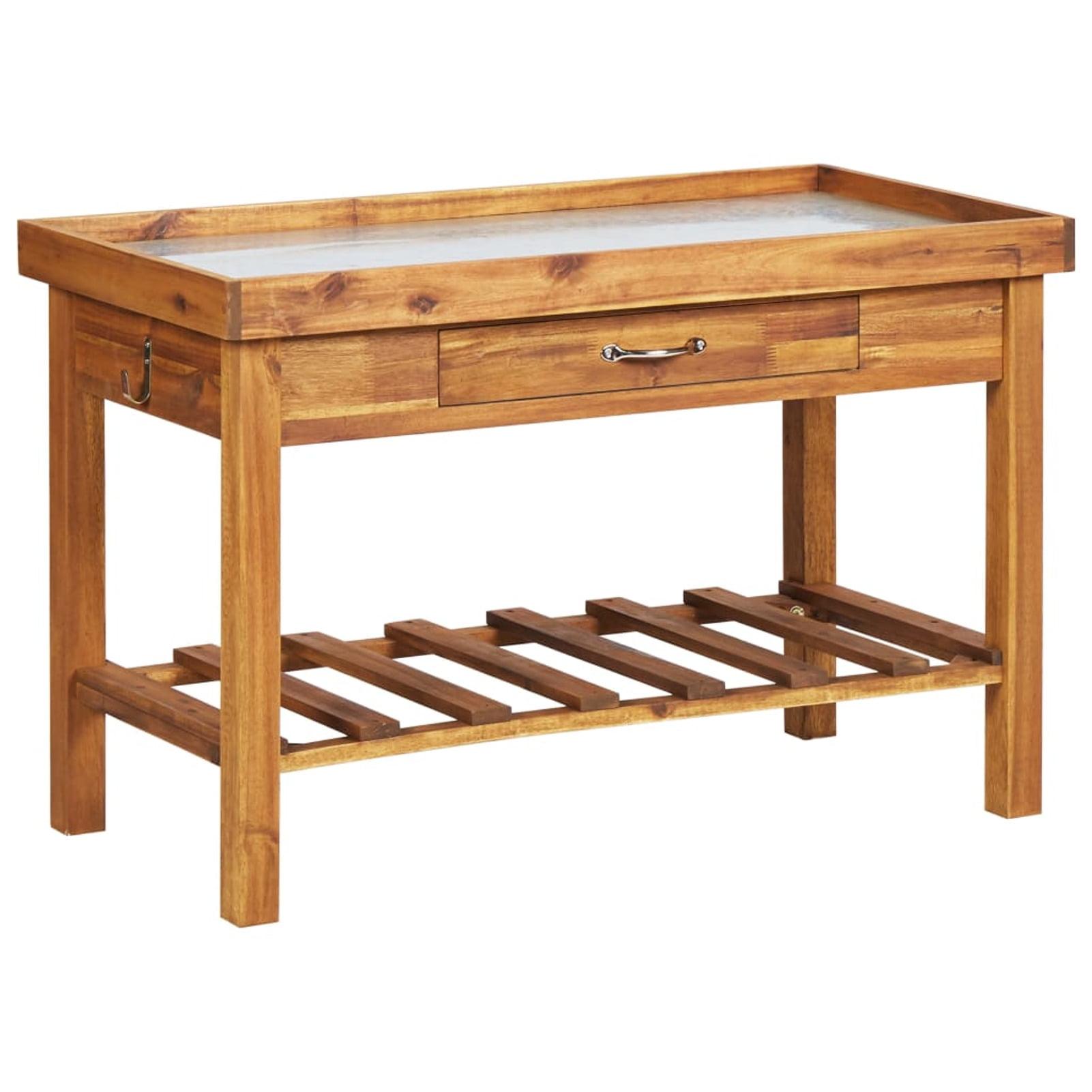 Acacia Wood Potting Bench with Zinc Top and Storage Shelf