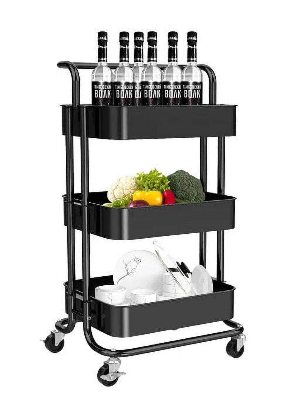 Black 3-Tier Metal Rolling Utility Cart with Casters