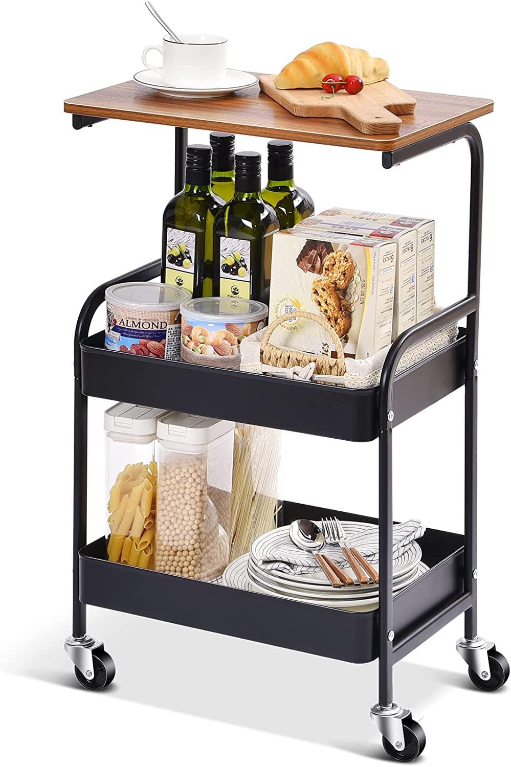 Utility Cart with Wooden Table Top, 3-Tier Metal Rolling Storage Cart, Black Trolley Kitchen Organizer Rolling Desk with Locking Wheels for Office, Classroom, Home