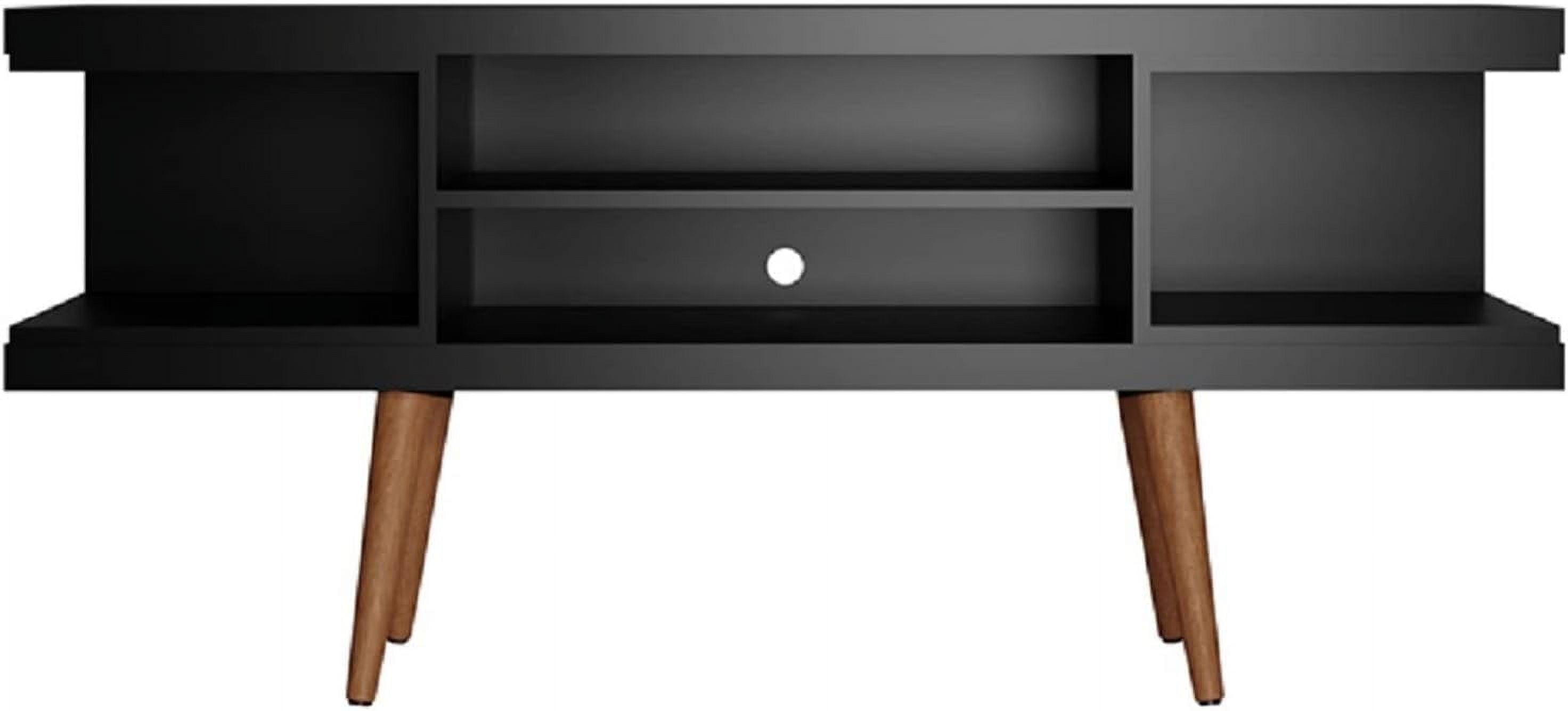 Sleek Matte Black 53" TV Stand with Splayed Wooden Legs and Open Shelves