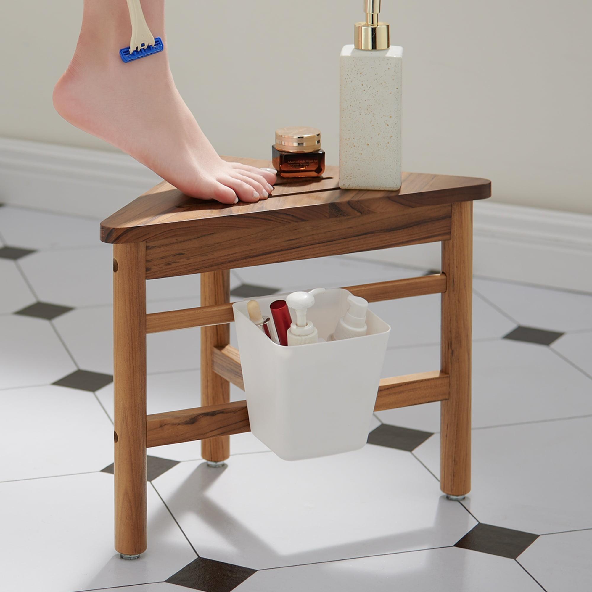 Utopia Alley  12 in. Small Teak Corner Shower Stool with Plastic Storage for Inside Shower, Indoor & Outdoor Use