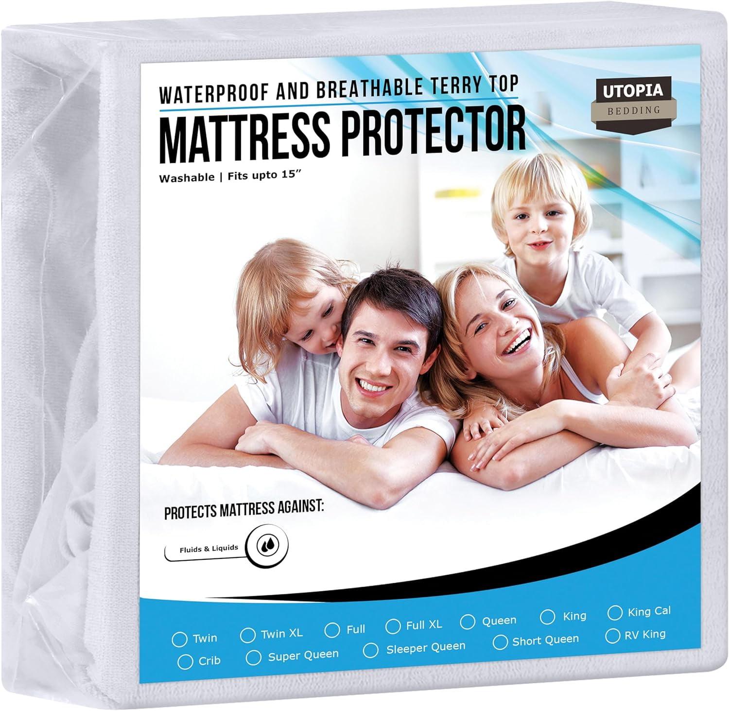 Full Size White Waterproof Terry Mattress Protector with Stretchable Pockets