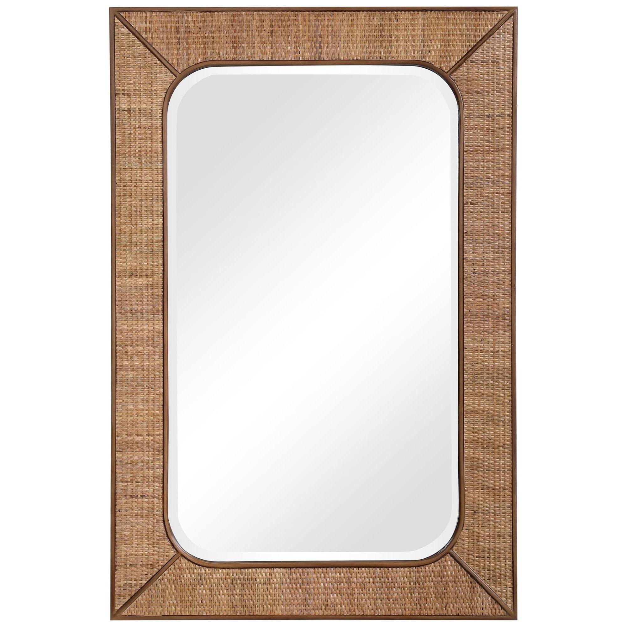 Coastal Charm Maple Stain Rattan and Wood Wall Mirror 28"x42"