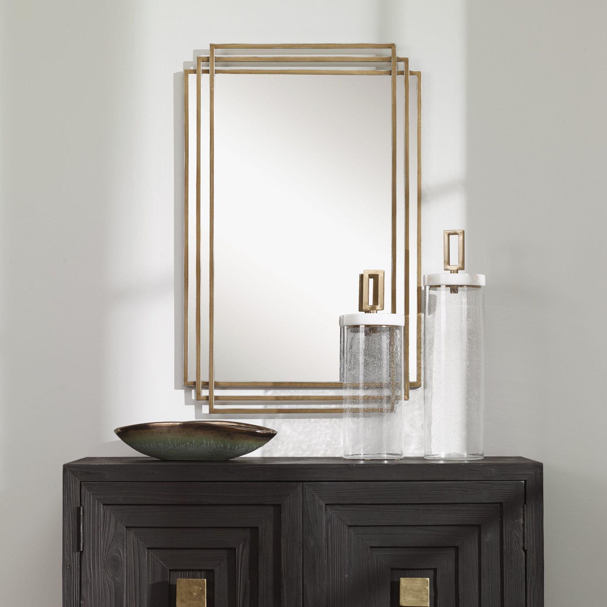 Uttermost Rectangular Vanity Decorative Wall Mirror Modern Distressed Brushed Gold Solid Iron Frame 23 3/4" Wide for Bathroom