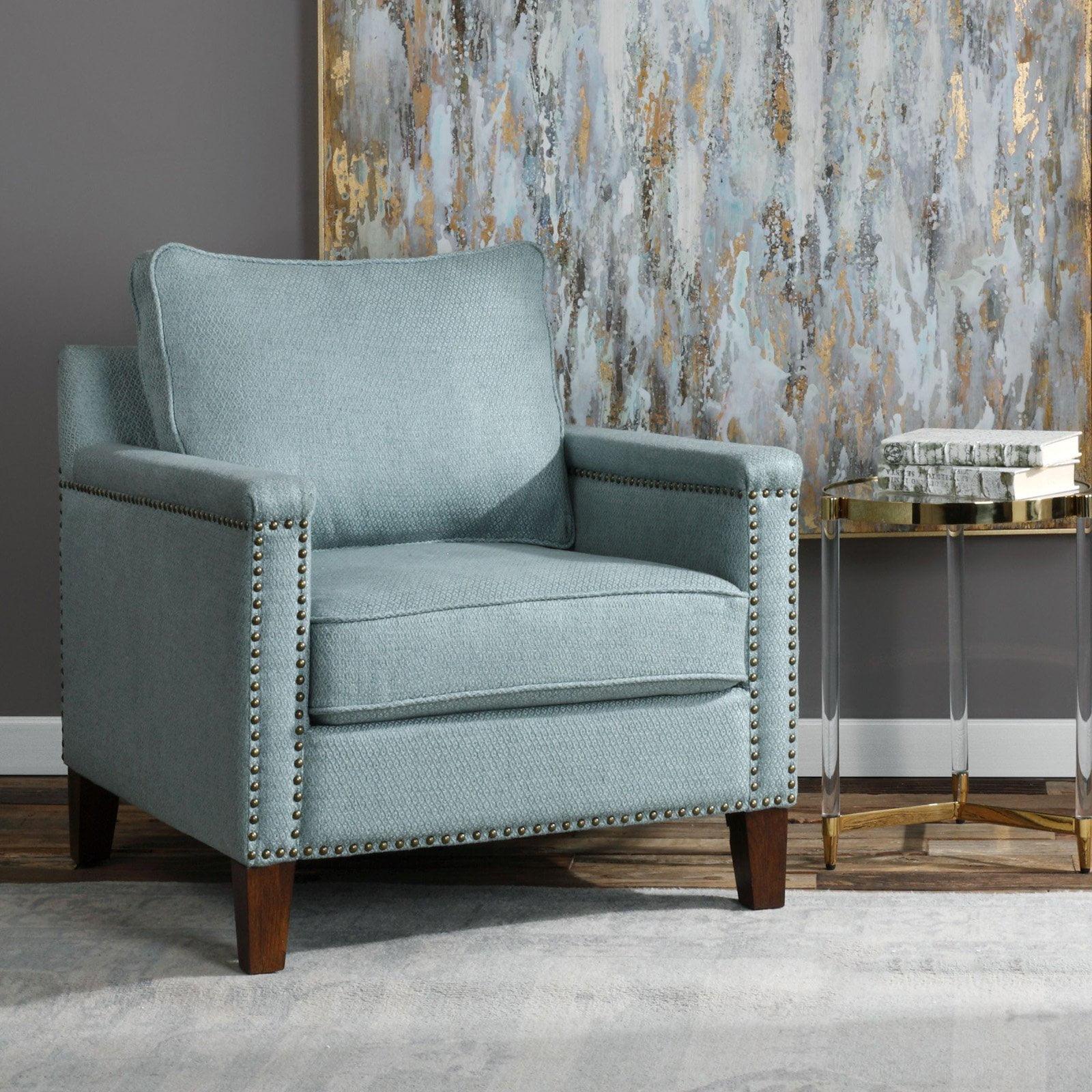 Transitional Sea Mist Blue Fabric Accent Chair with Brass Nailheads