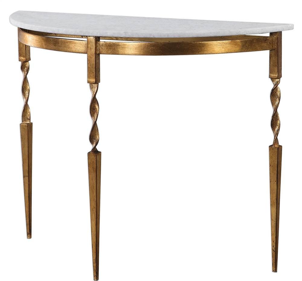 Transitional Gold and White Marble Top Demilune Console Table