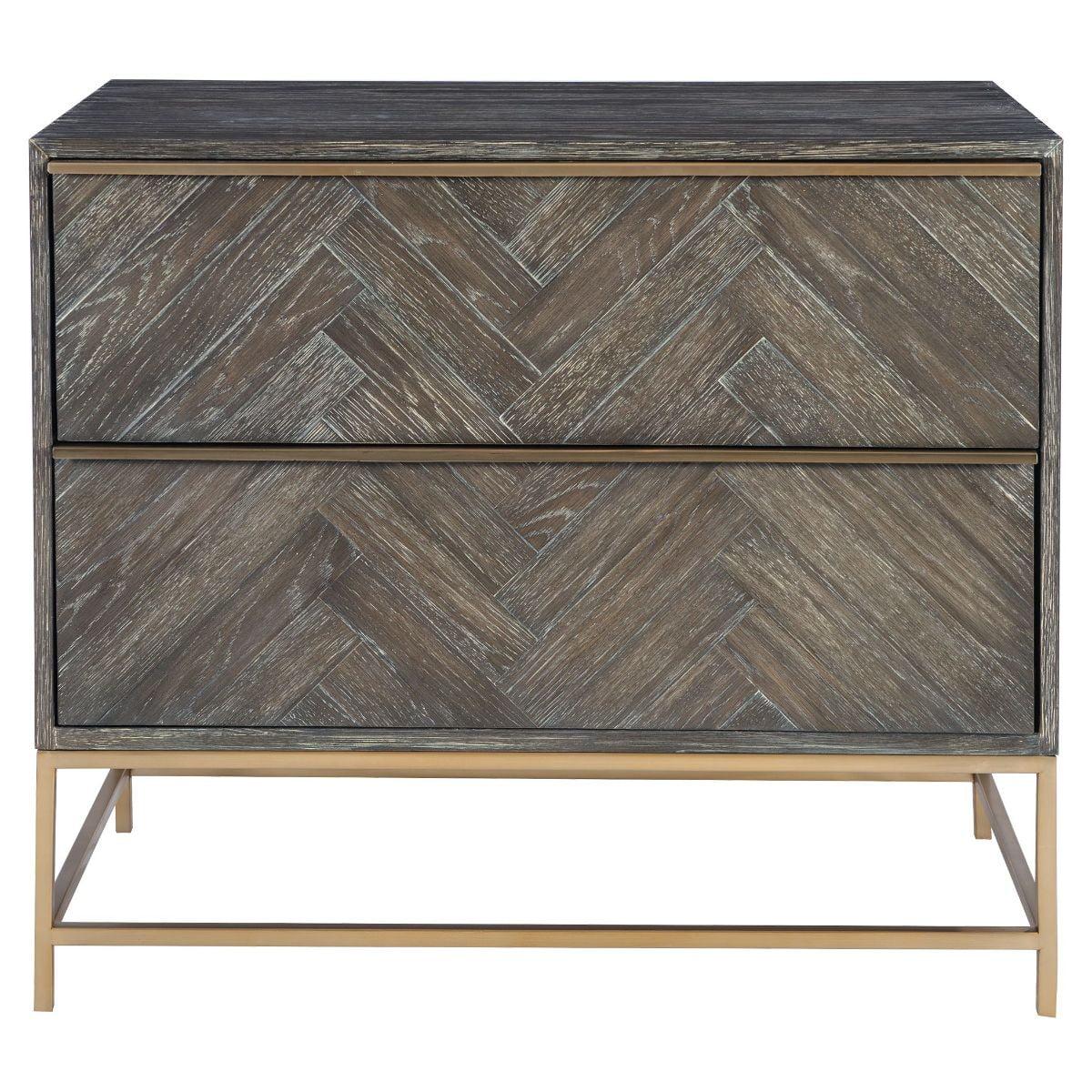 Dark Walnut and Brass 2-Drawer Herringbone Chest