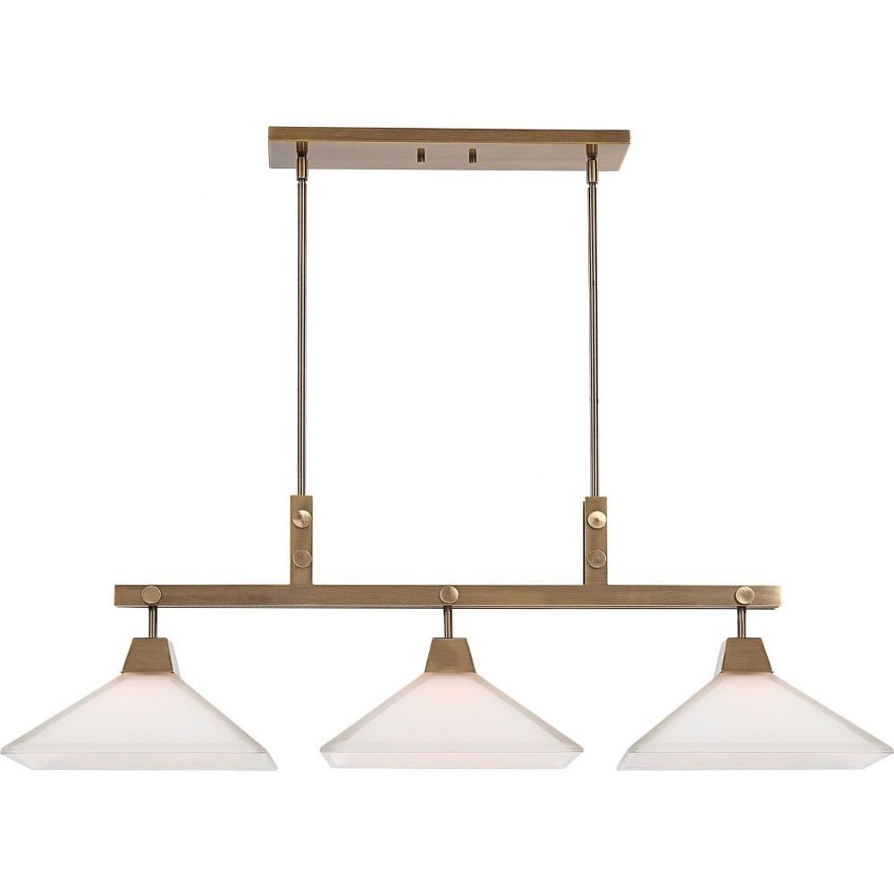 Aged Brass 3-Light Linear Chandelier with Frosted Glass Shades