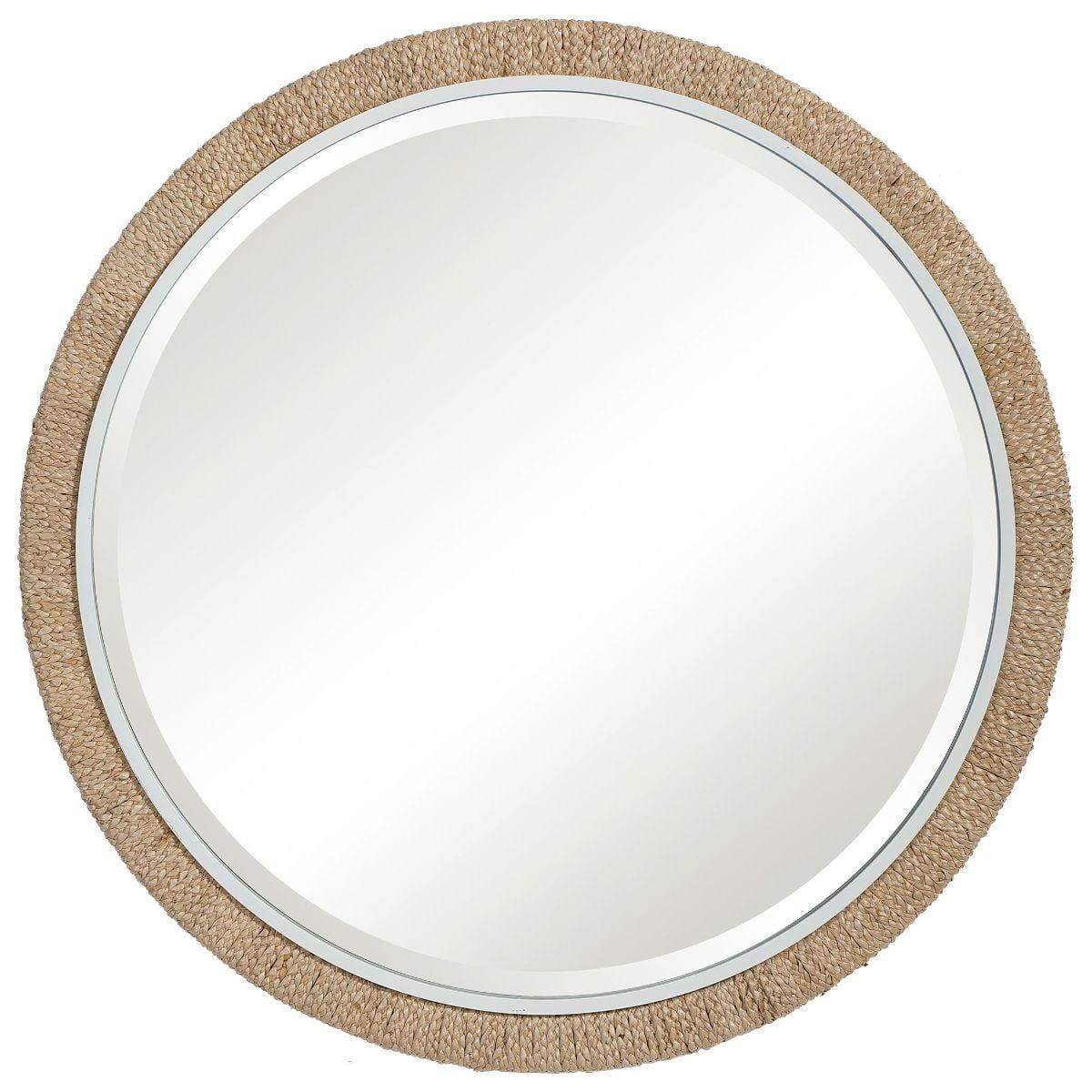 Coastal Charm 40" Round Beveled Mirror with White and Brown Banana Leaf Frame