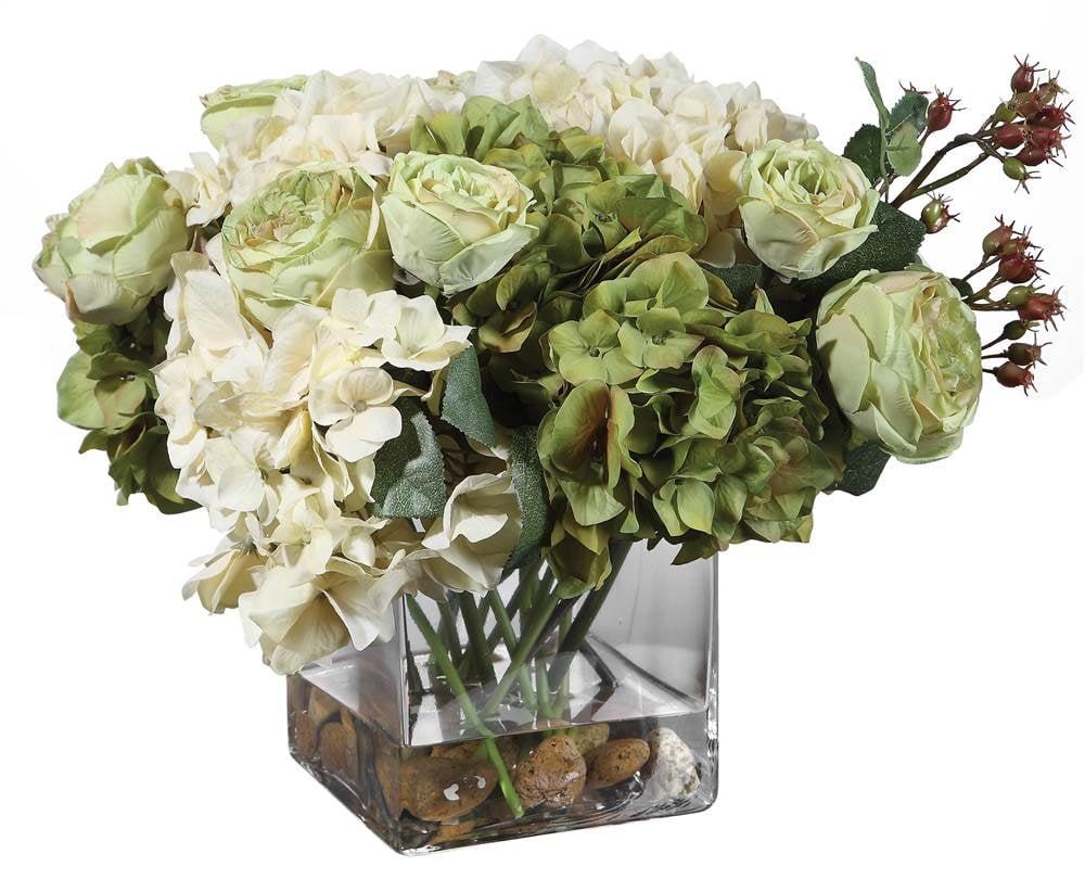 Contemporary Cream and Sage Hydrangea and Rose Tabletop Arrangement in Glass Vase