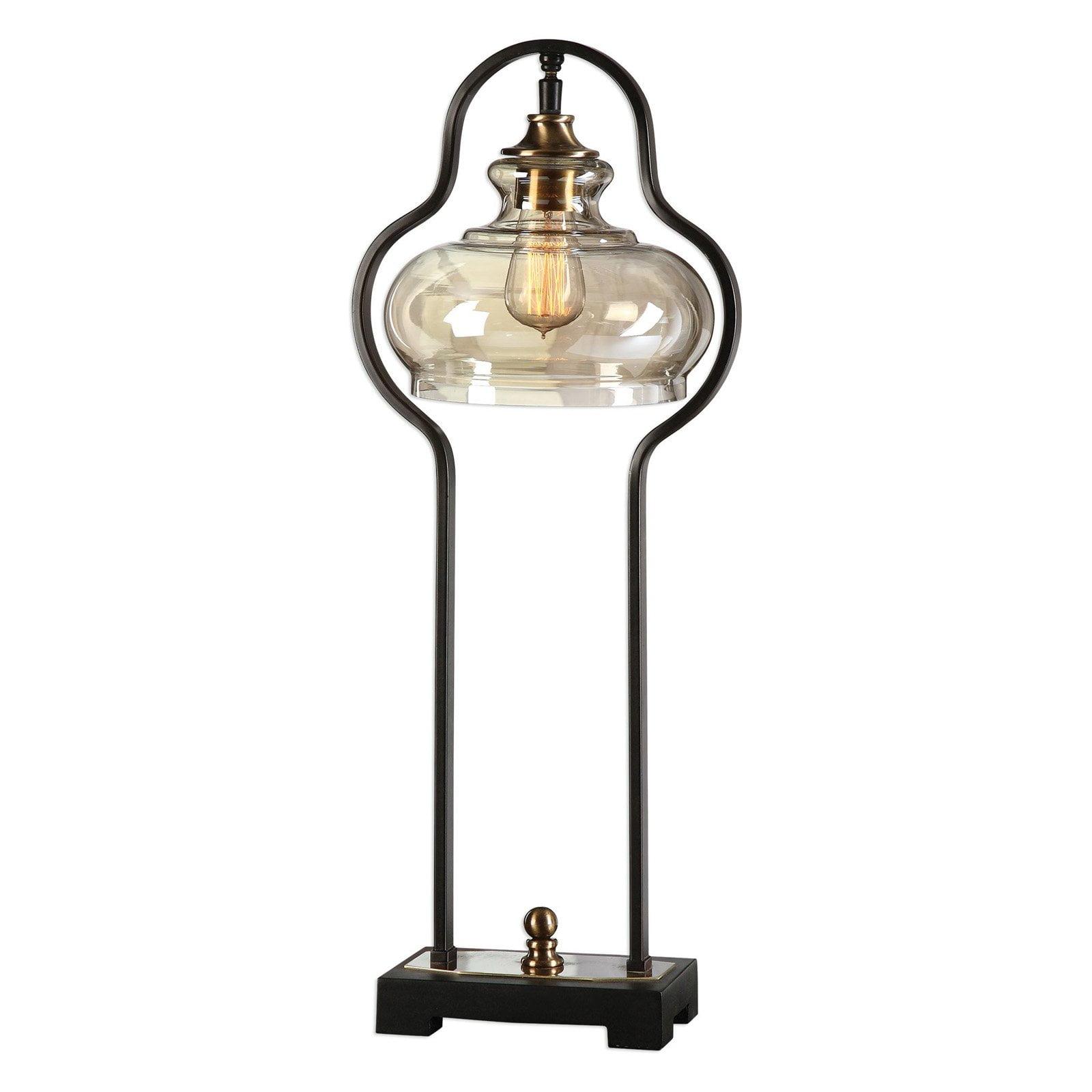 Aged Black Iron Arc Table Lamp with Glass Shade