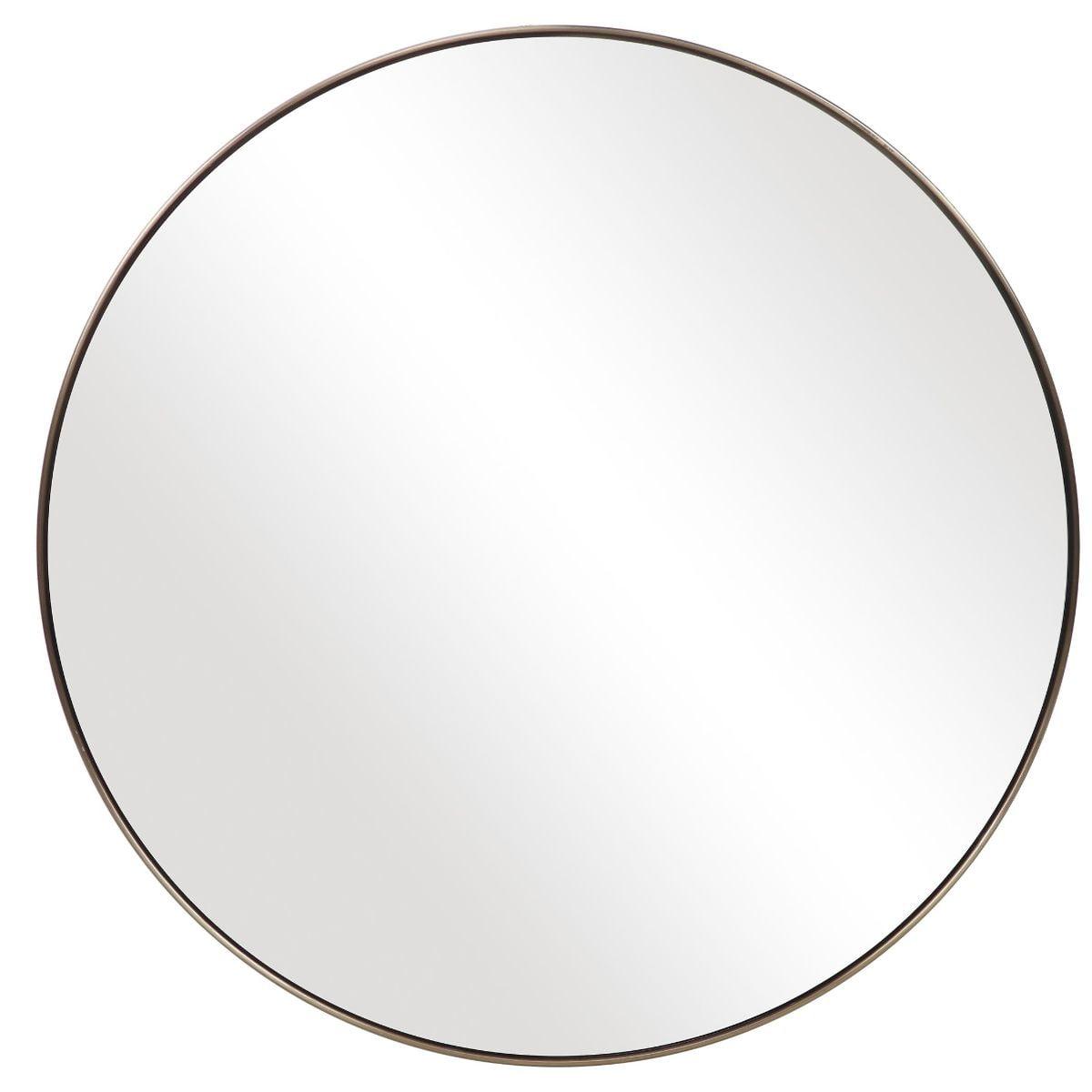 32" Contemporary Round Wood Mirror with Antique Brushed Brass Finish