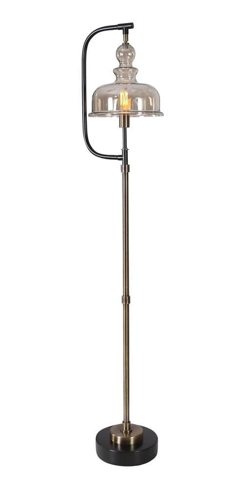 Antique Brushed Brass & Rusted Black Glass Shade Floor Lamp