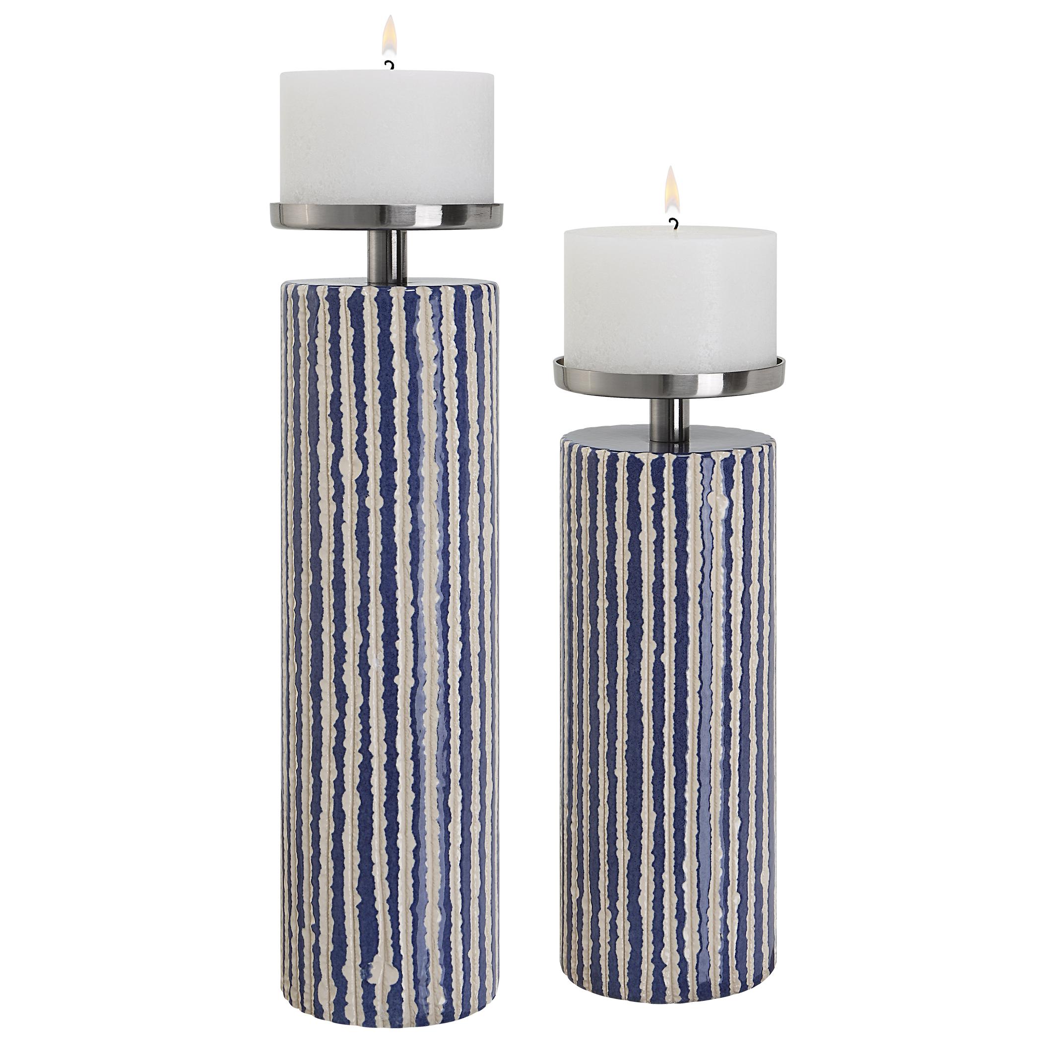 Ivory and Cobalt Striped Ceramic Candleholders with Polished Nickel Accents