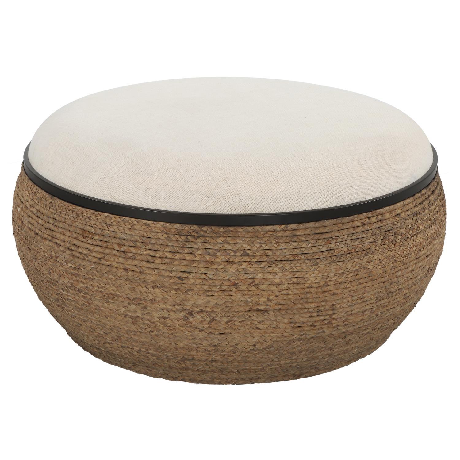 36" Beige Braided Straw Round Cocktail Ottoman