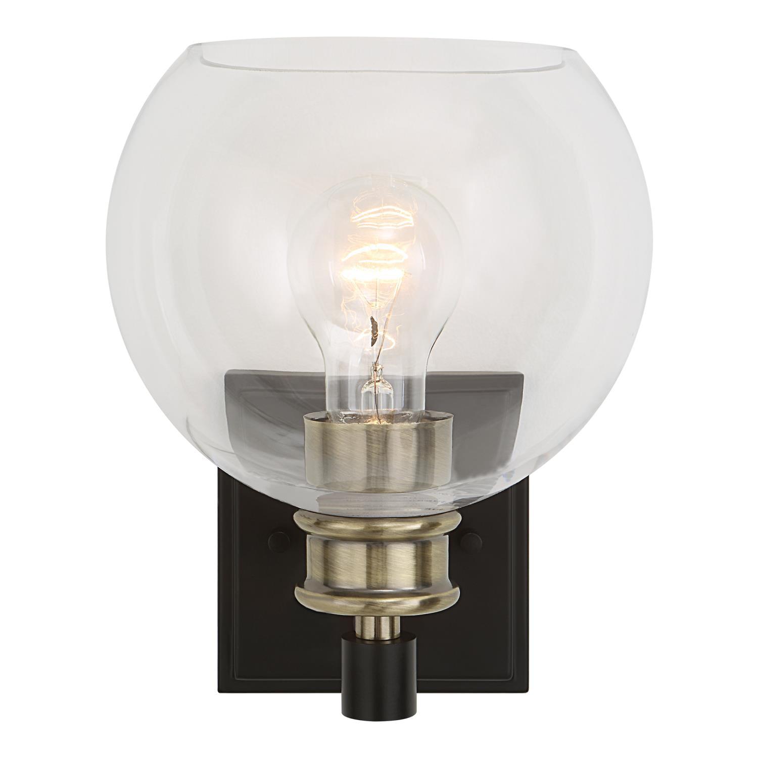 Classic Matte Black and Antique Brass 1-Light Sconce with Clear Glass Shade