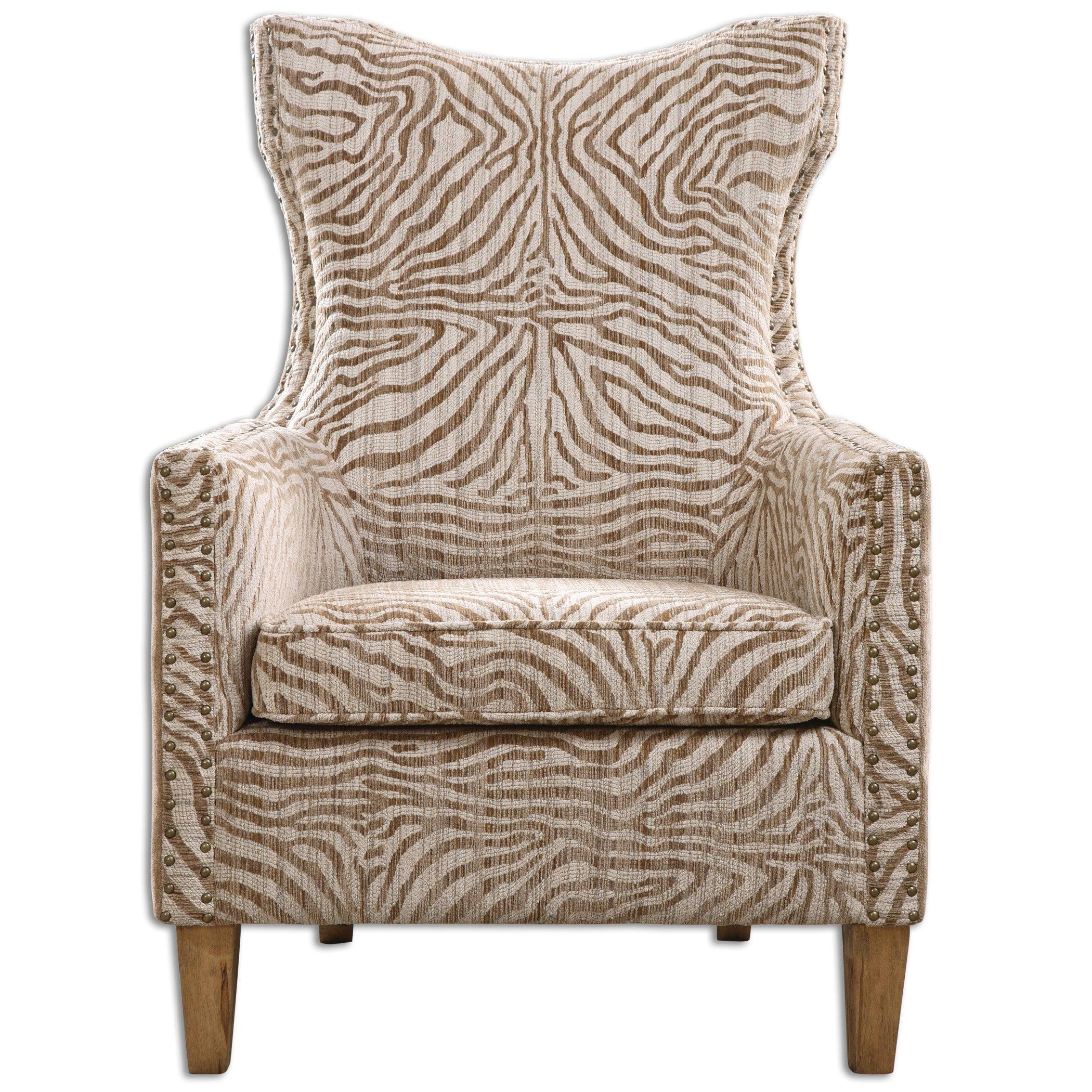 Uttermost Kiango Wood Fabric and Metal Animal Pattern Armchair in Brown/White