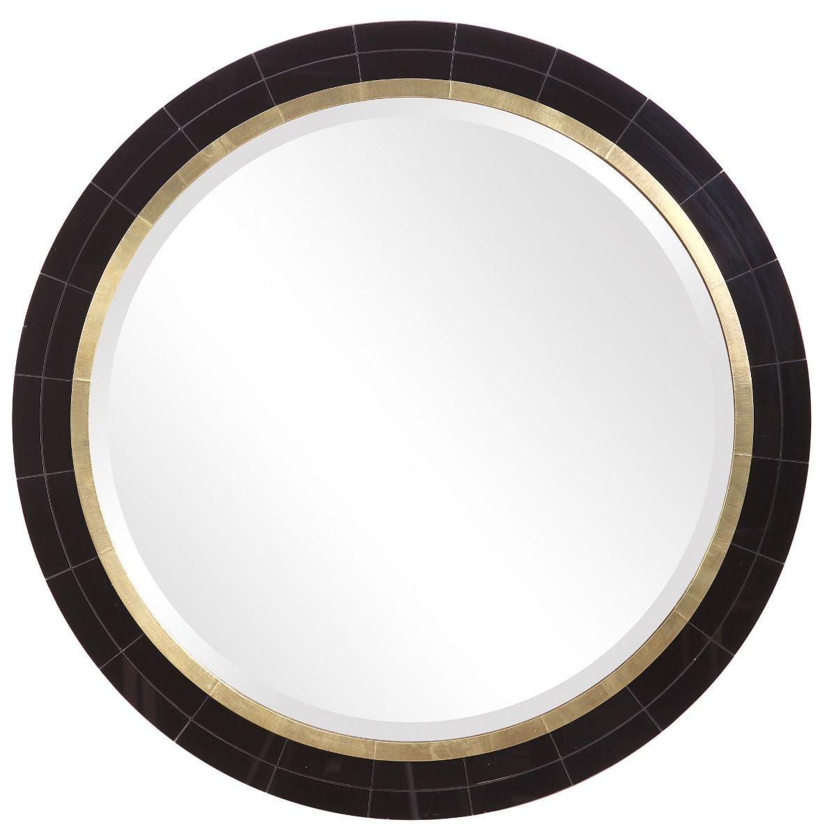 Contemporary Round Wood & Metal Beveled Wall Mirror in Black/Brass 36"
