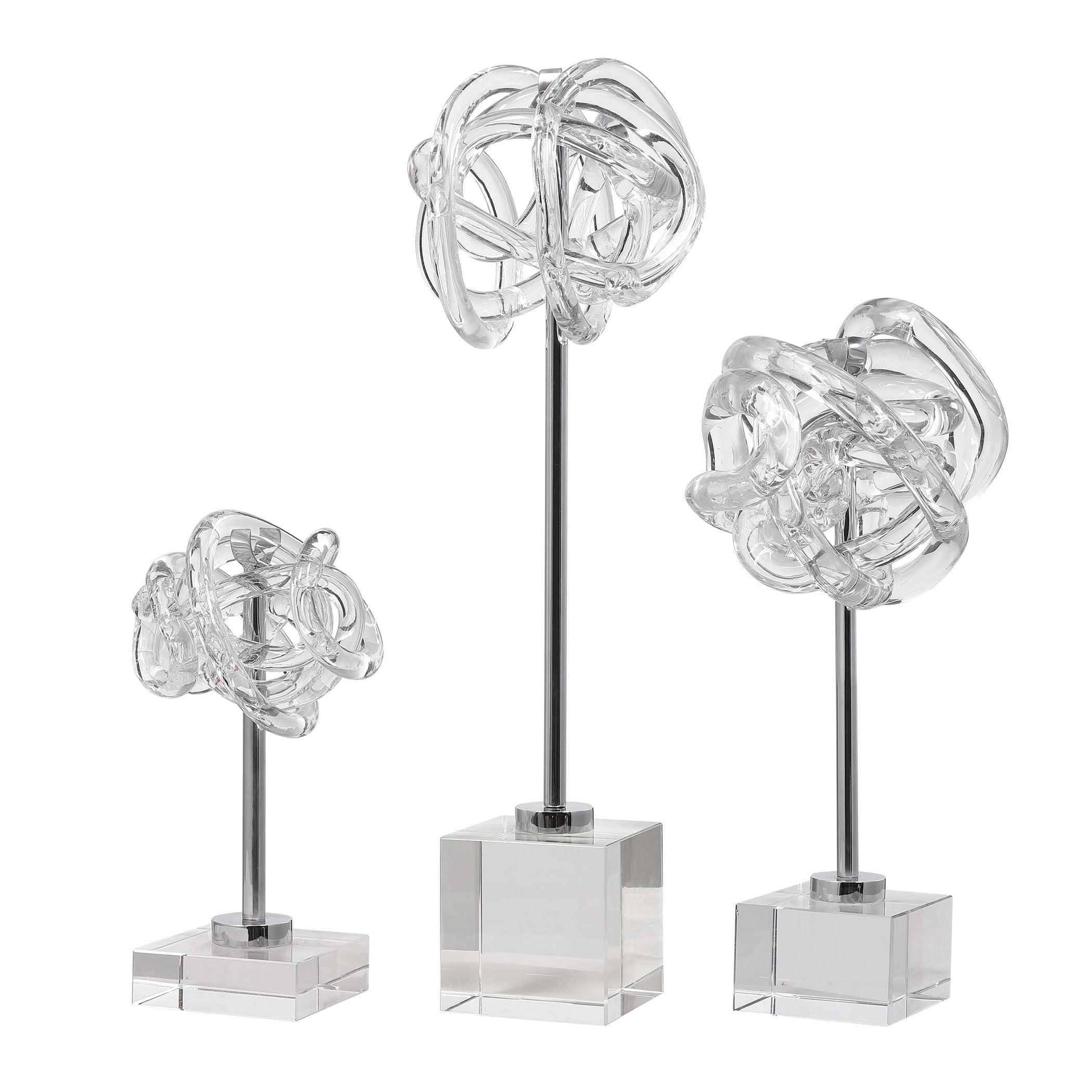 Contemporary Neuron Glass Sculptures with Polished Nickel Base - Set of 3