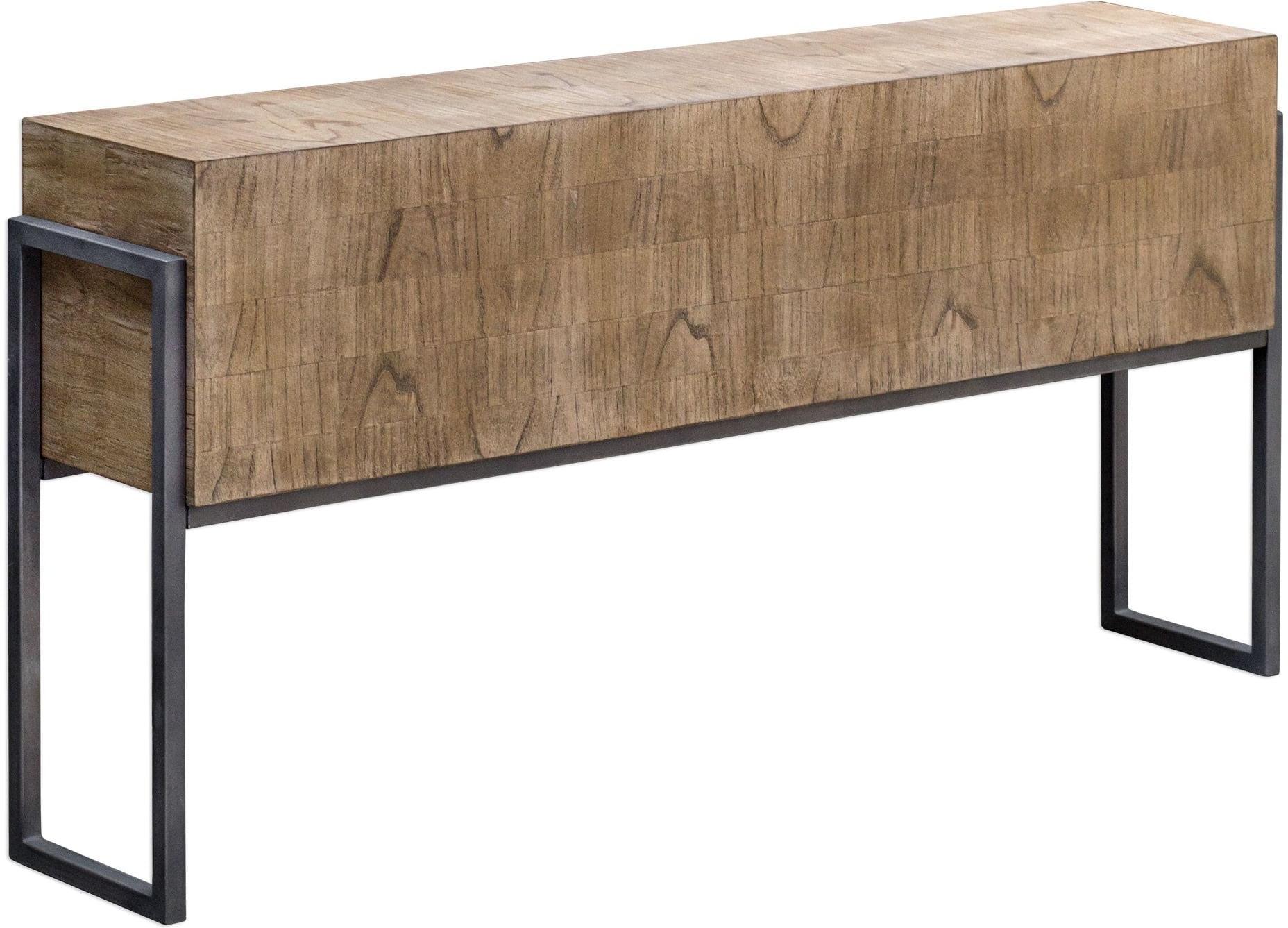 Uttermost Farmhouse Rustic Light Oatmeal Wood Rectangular Console Table 60" x 12" Brown Aged Iron Legs for Living Room Bedroom
