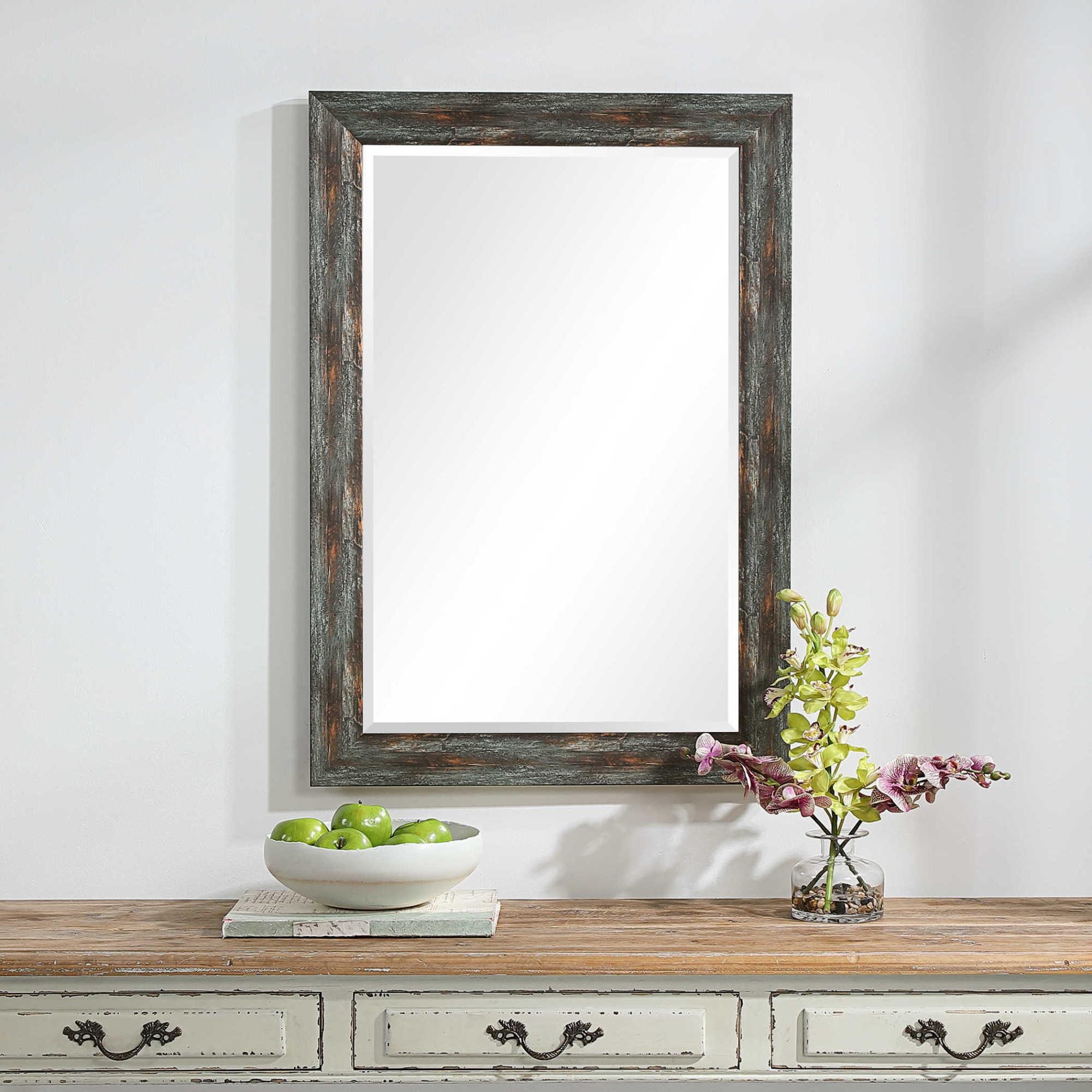 Transitional Rustic Rectangular Wood Mirror with Silver and Bronze Accents
