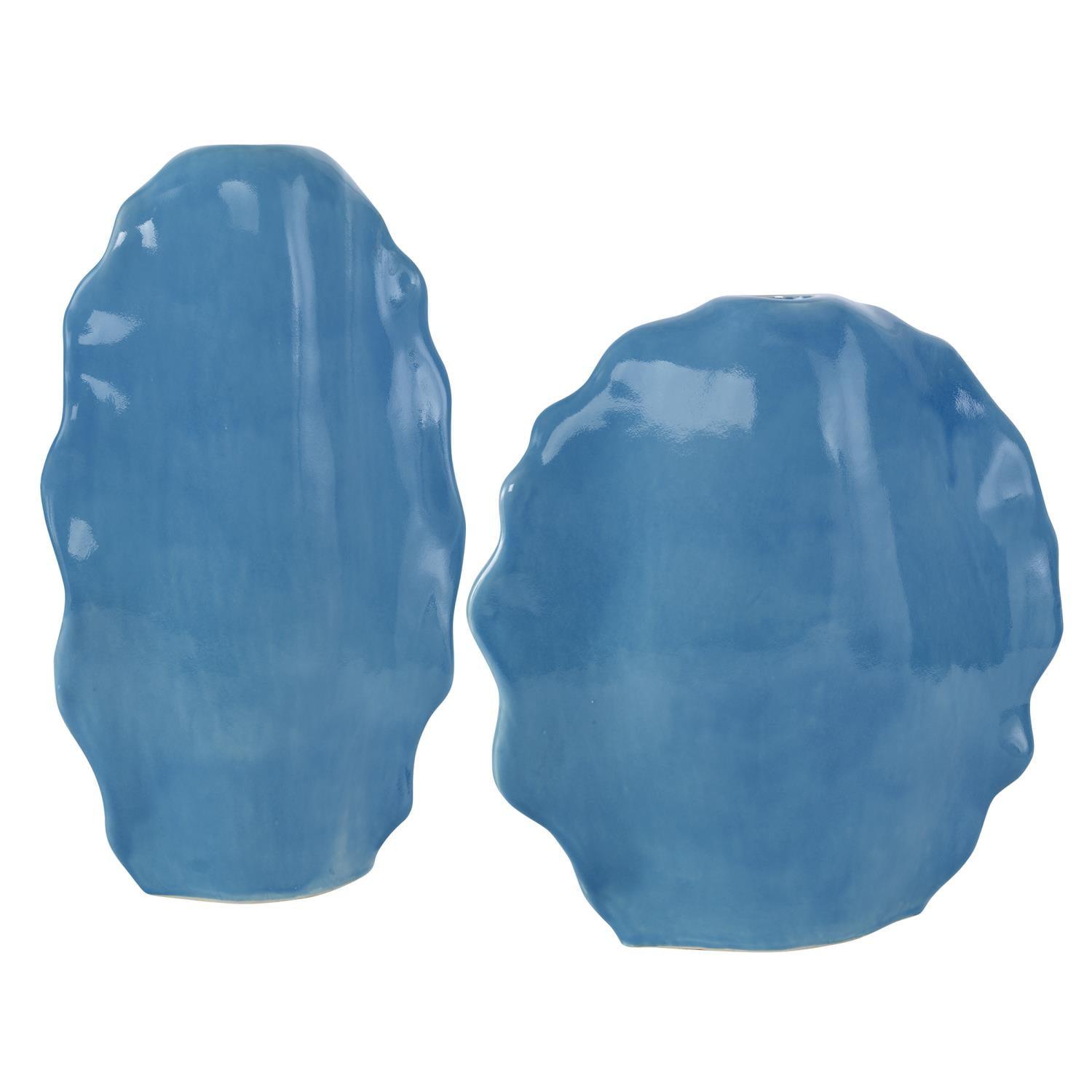 Gloss Blue Ceramic Ruffled Edge Vases, Set of 2