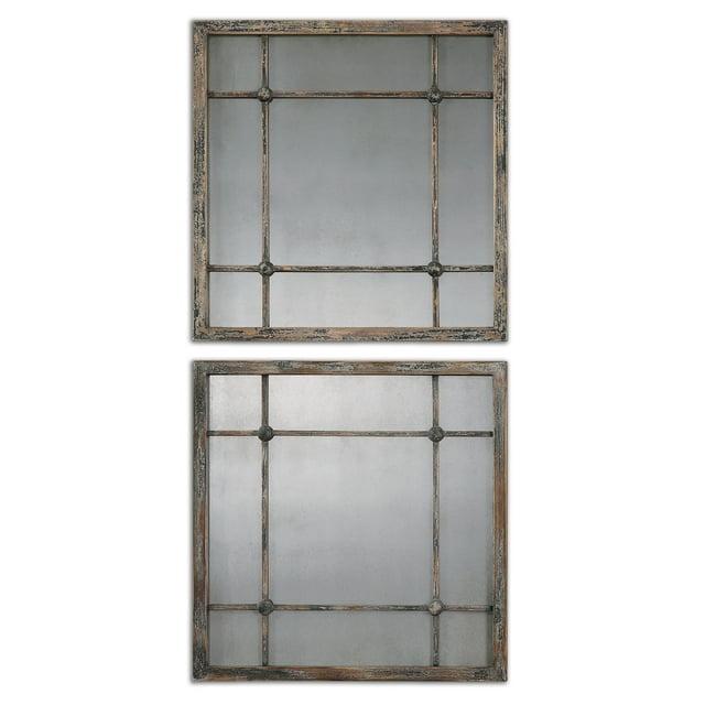 Uttermost Square Vanity Accent Wall Mirrors Set of 2 Rustic Distressed Slate Blue Aged Ivory Frame 19" Wide for Bathroom Bedroom