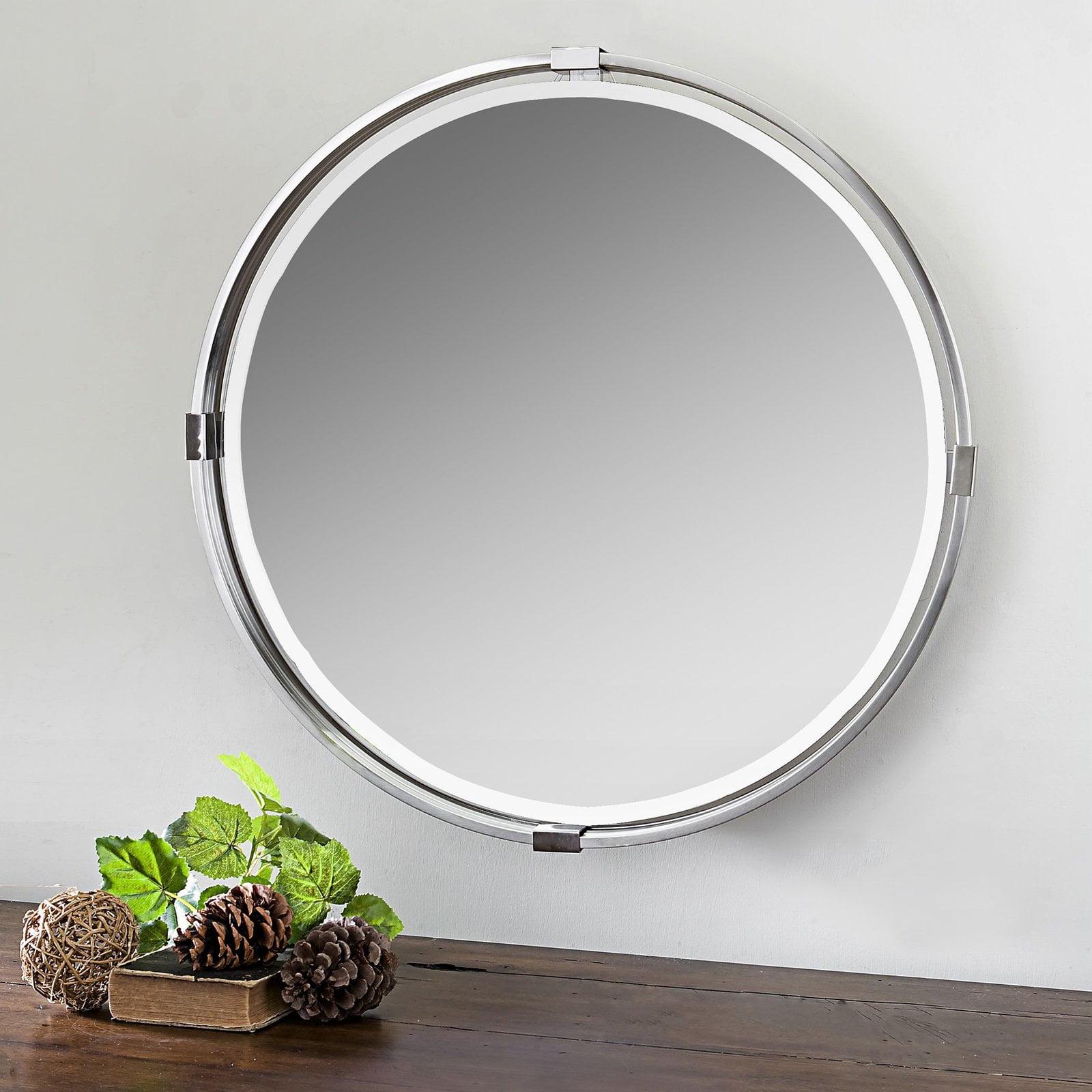 Transitional Silver Round Wall Mirror with Beveled Edge