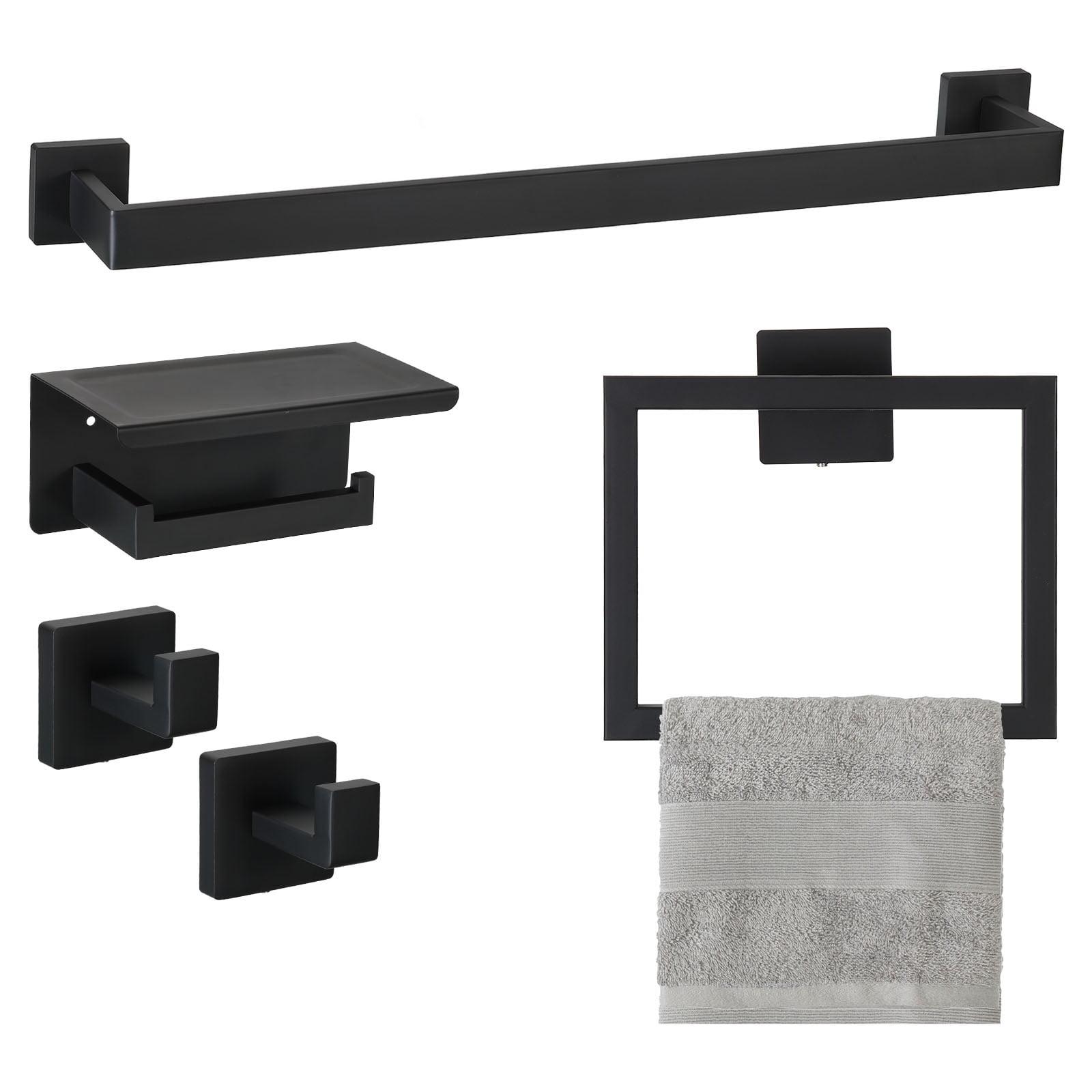 Black Towel Bar Set 5-Piece Bathroom Hardware Set,Square SUS304 Stainless Steel - 23.6 Inch Wall Mounted Towel Rack,Toilet Paper Holder,Towel Ring and Towel Hook