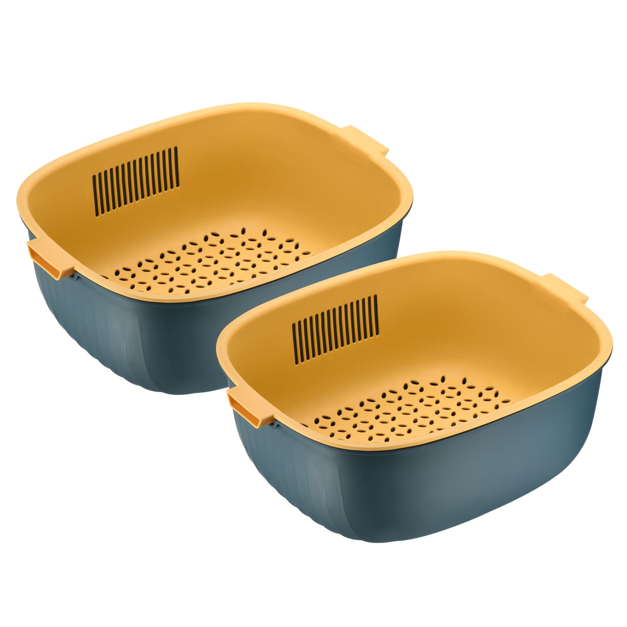 Unique Bargains Colander Bowl Strainers Set Plastic Double Layered Drain Basket Blue 2 Pcs