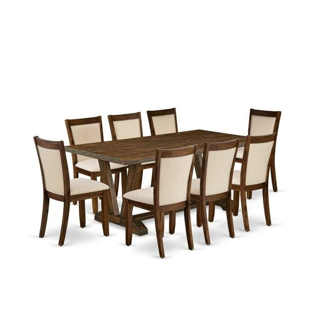 V777MZN32-9- Dinner Table and 8 Light Beige Chairs - Distressed Jacobean Finish