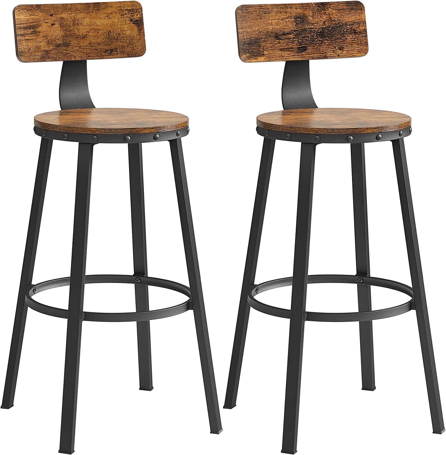 Rustic Brown and Black Metal Bar Stools with Backrest, Set of 2