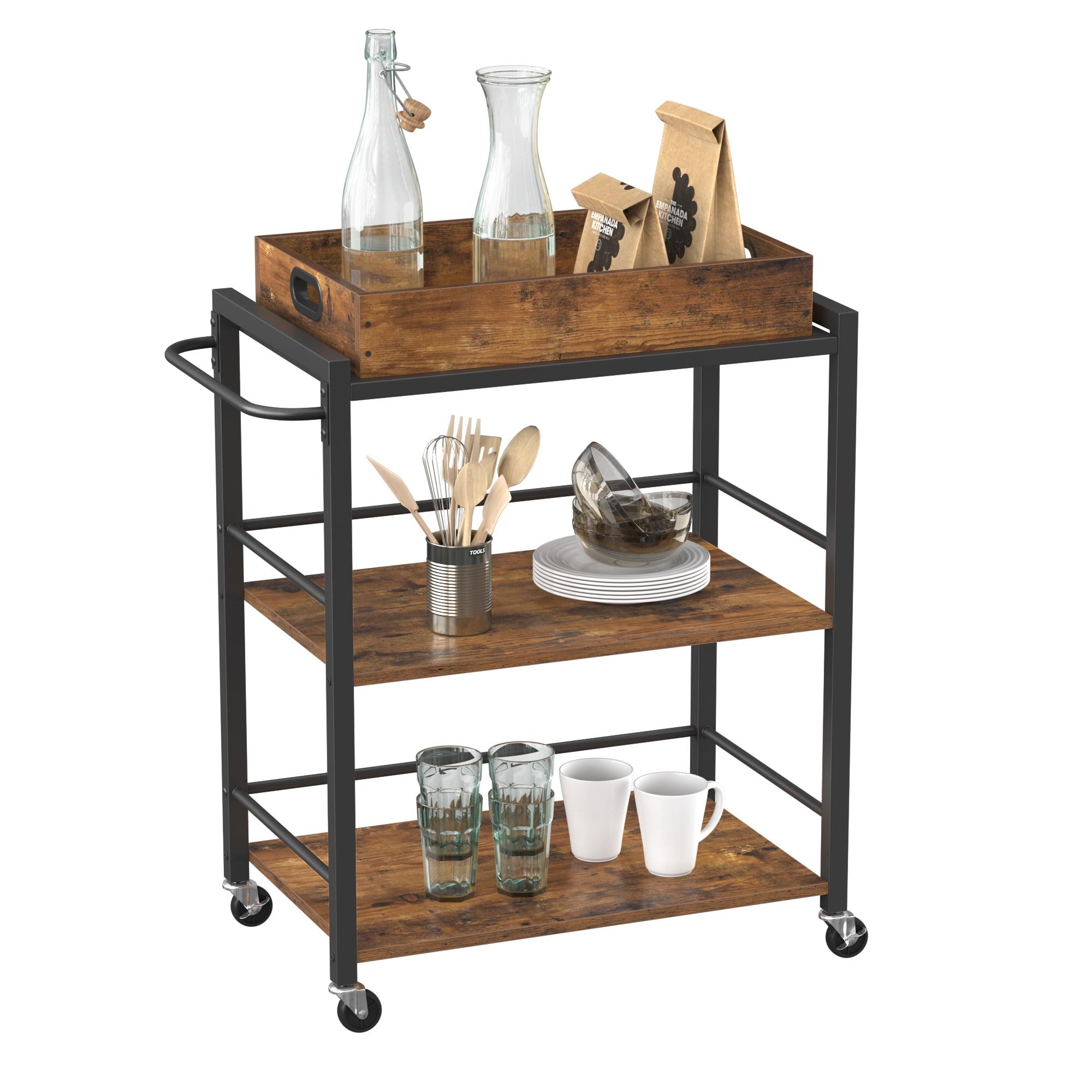 VASAGLE Industrial Bar Cart, Kitchen Serving Cart, 3-Tier Beverage Cart, Rustic Brown and Black