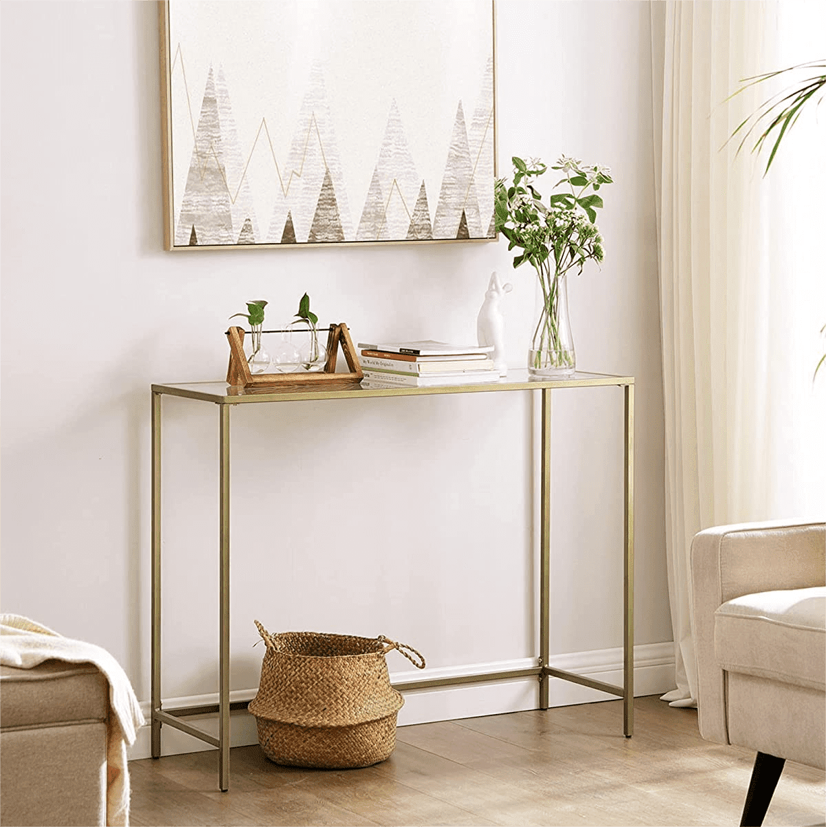 Gold Metal Frame Console Table with Tempered Glass Top