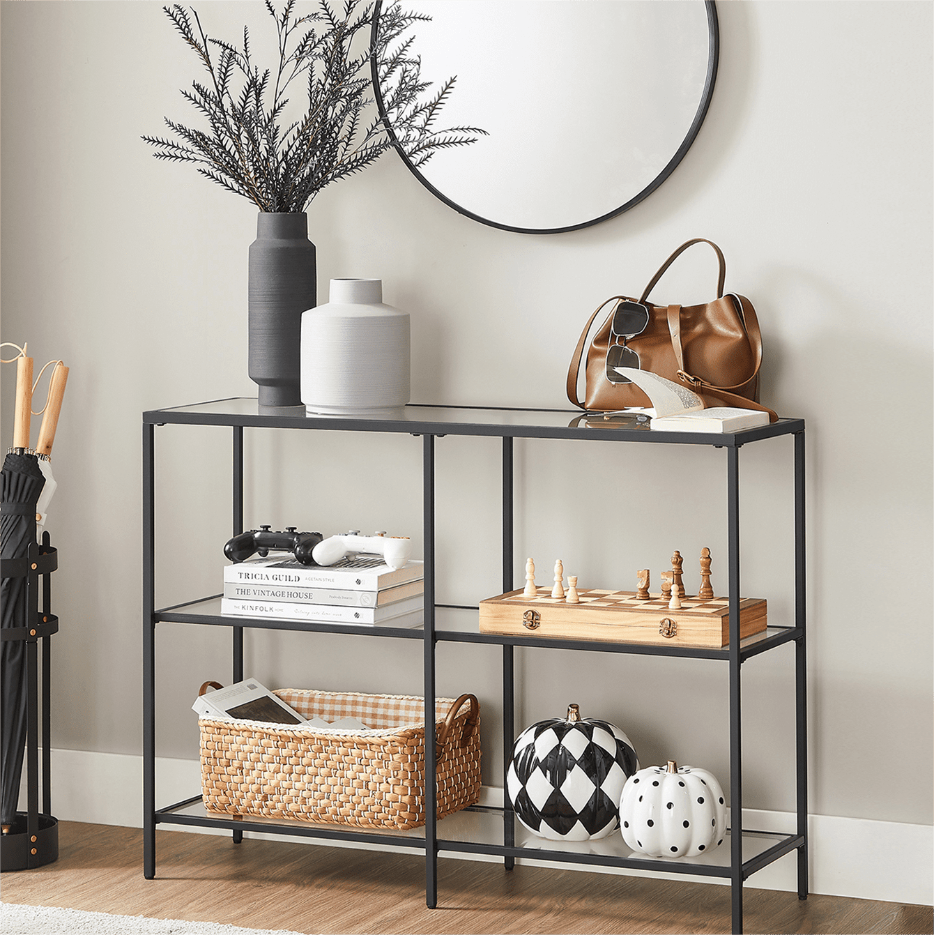 Black Metal Frame Console Table with Glass Shelves and Storage