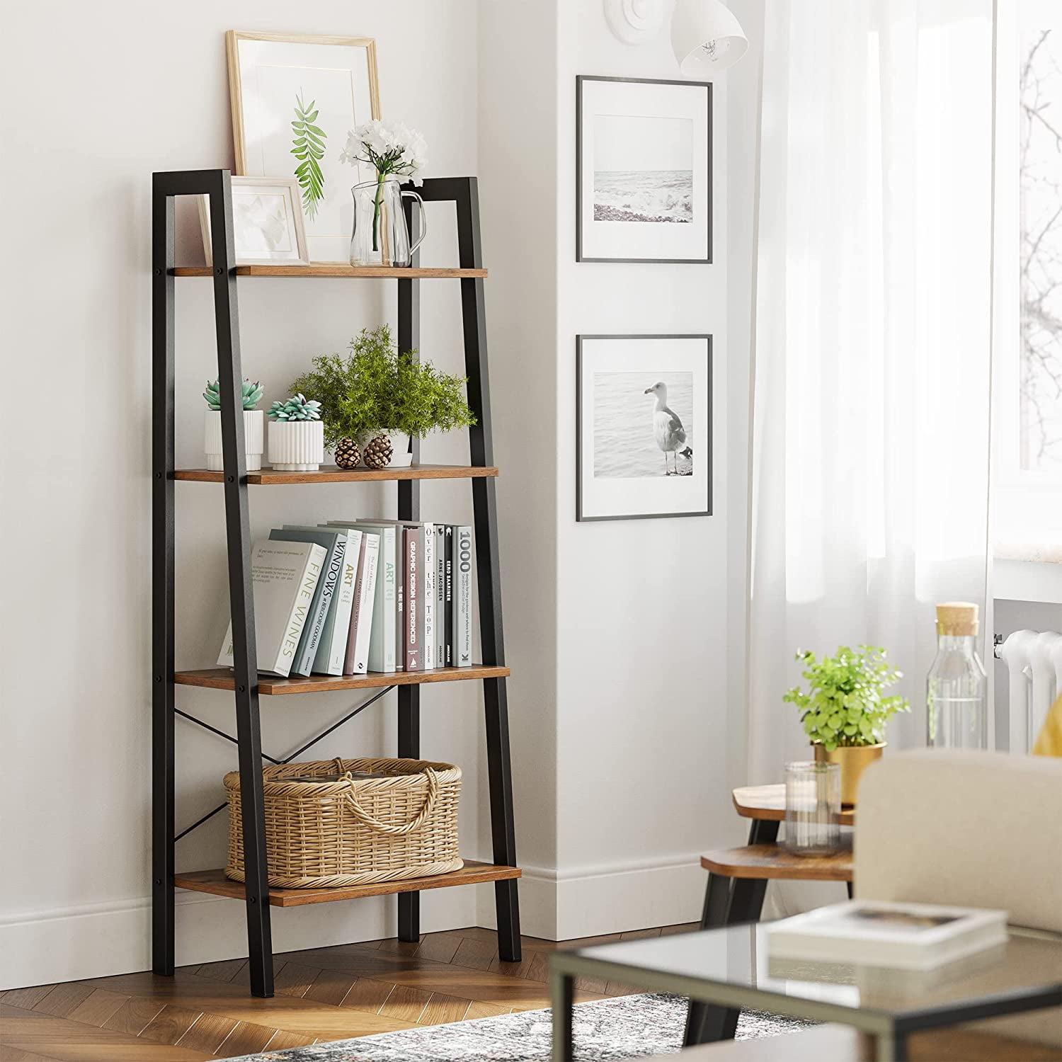 VASAGLE 4-Tier Ladder Shelf Wall Ladder Bookshelf Bookcase Furniture Storage Rack Shelves, Rustic Brown and Black