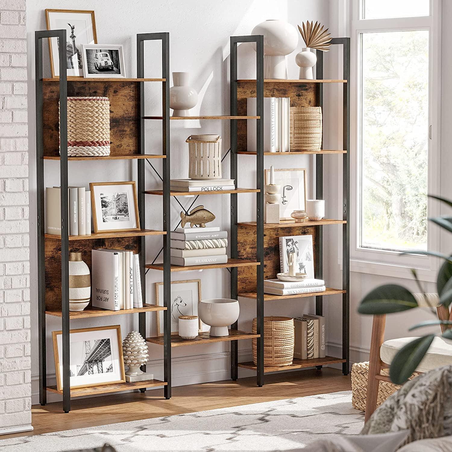 VASAGLE Rustic Brown and Black 5-Tier Triple Wide Bookshelf