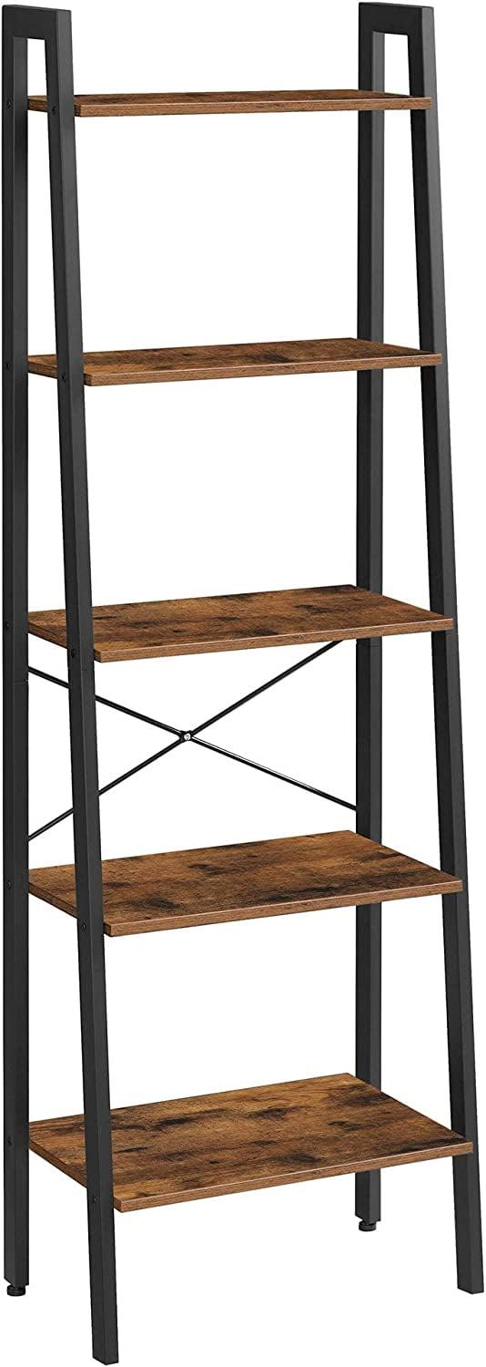 Adjustable Rustic Brown 5-Tier Ladder Shelf Bookcase