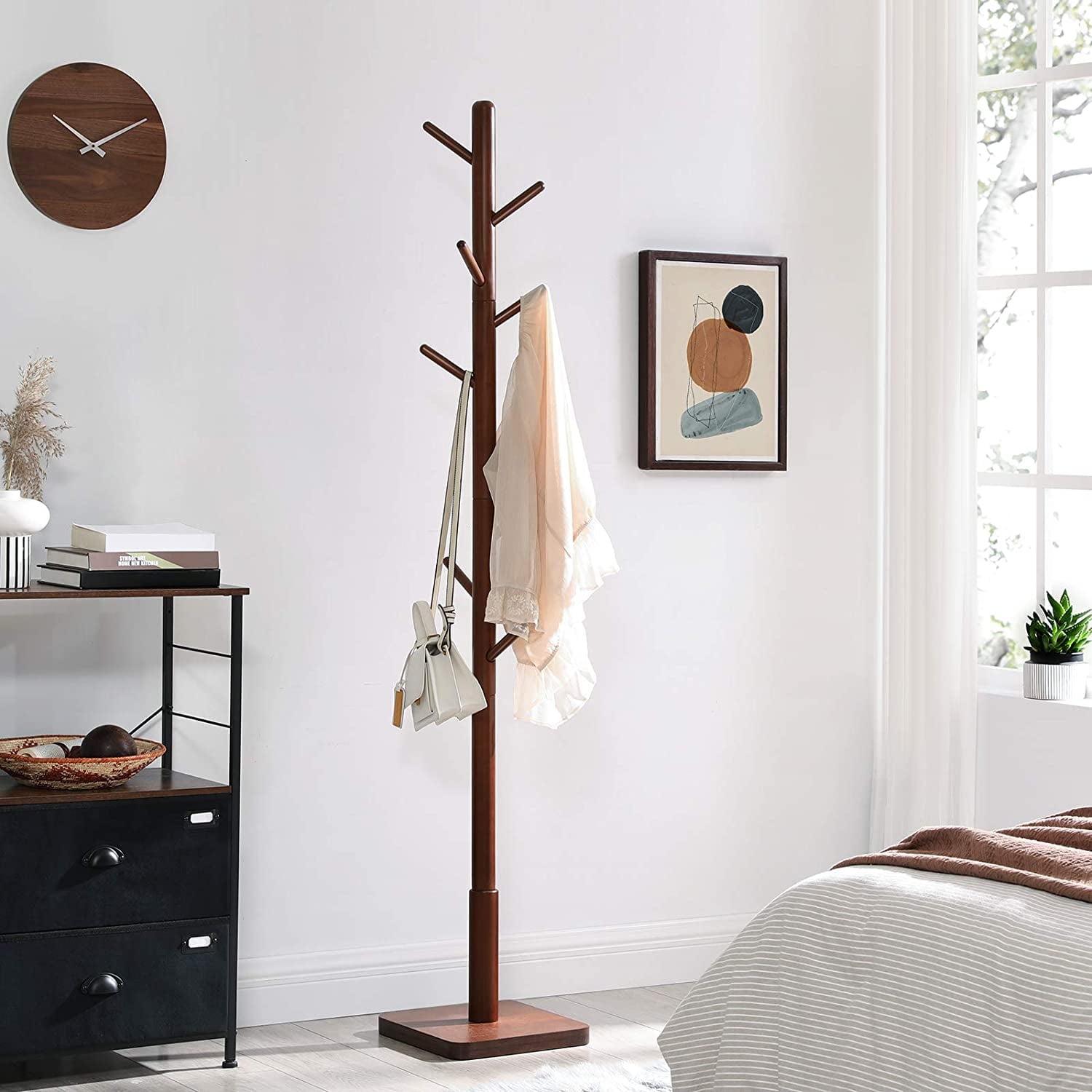 Dark Walnut Rubberwood 8-Hook Freestanding Coat Rack