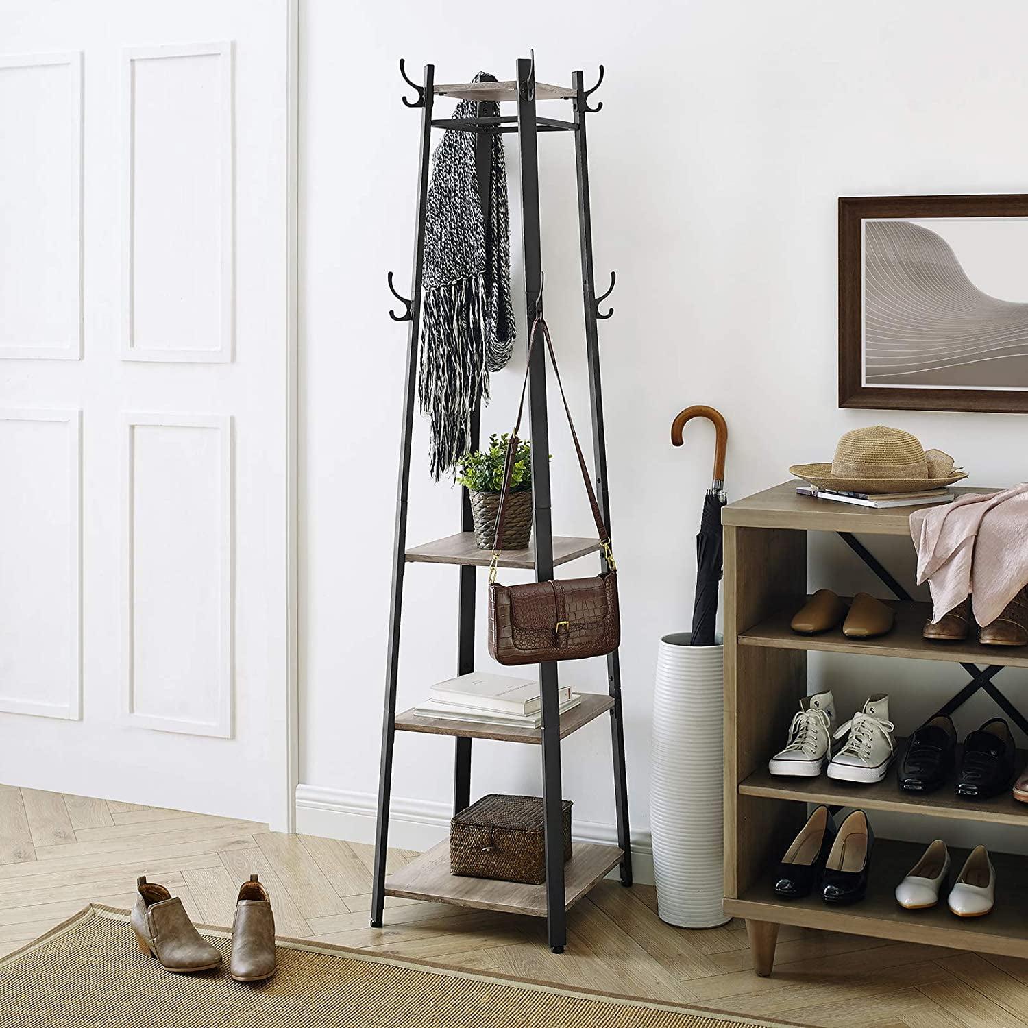 VASAGLE ALINRU Coat Rack with 3 Shelves Stand with Hooks for Scarves Bags and Umbrellas