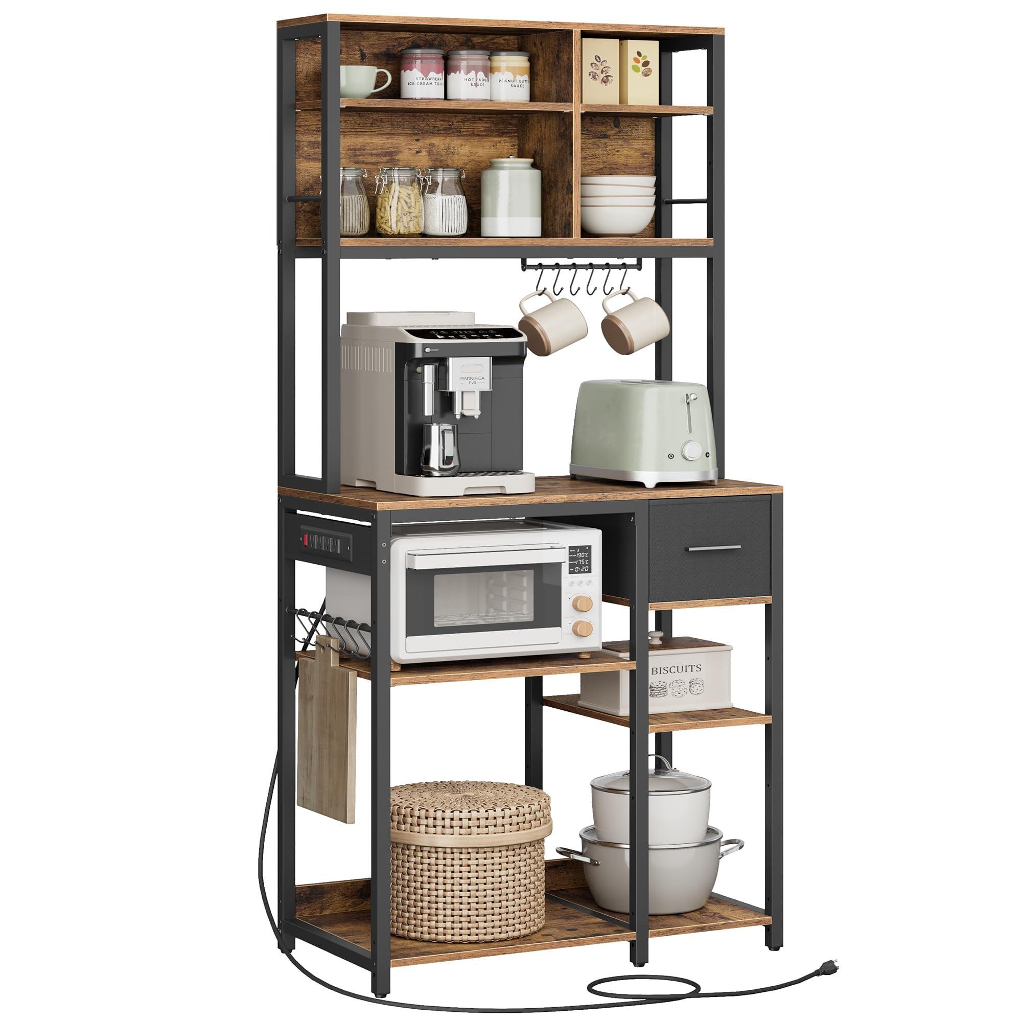 VASAGLE Bakers Rack with Charging Station, Coffee Bar with Adjustable Storage Shelves, Kitchen Microwave Stand, Rustic Brown and Ink Black
