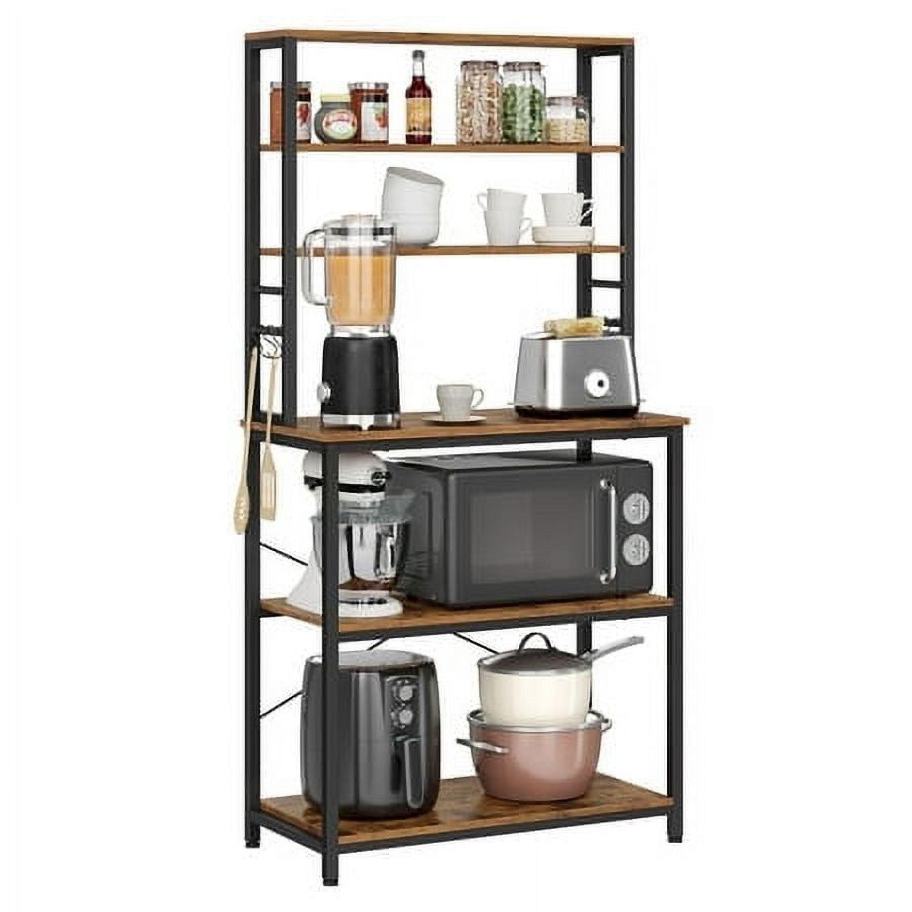 VASAGLE Baker's Rack Microwave Oven Stand Kitchen Tall Utility Storage Shelf 6 Hooks and Metal Frame, Rustic Brown and Black