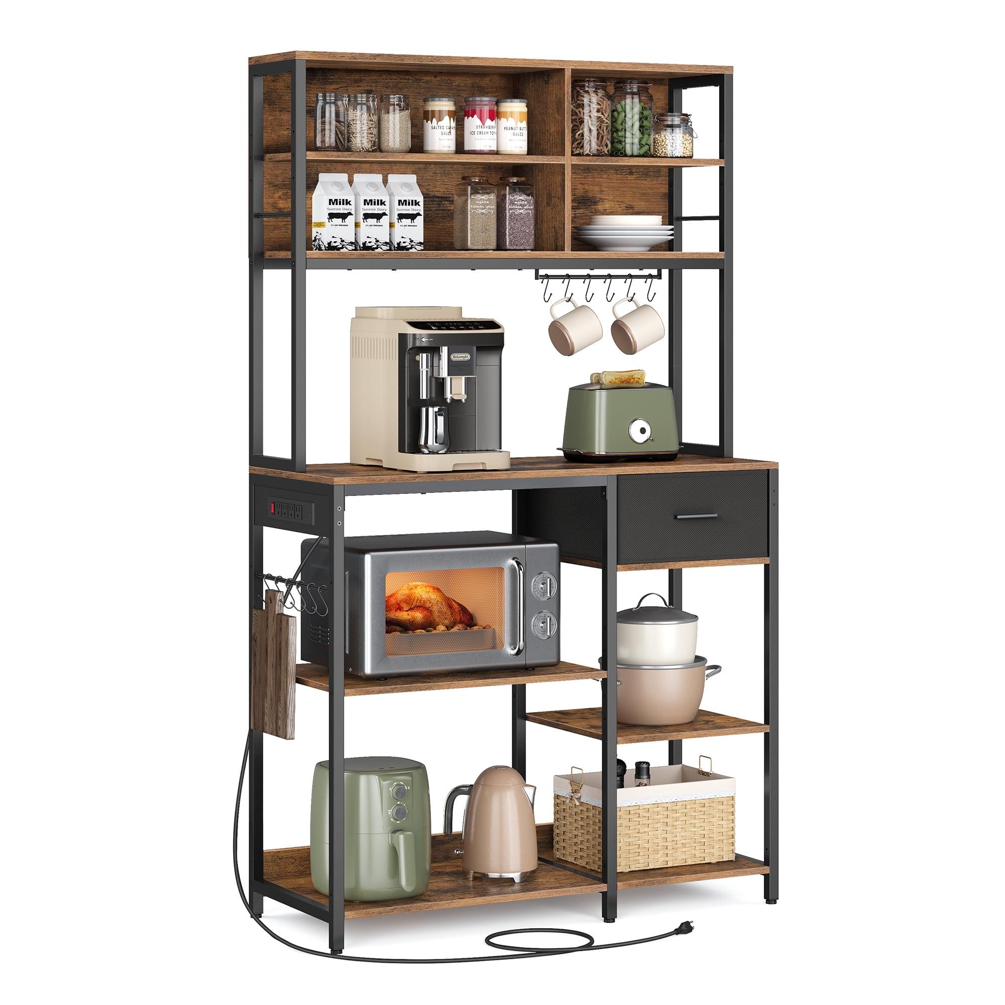 Rustic Brown and Black Adjustable Bakers Rack with Charging Station