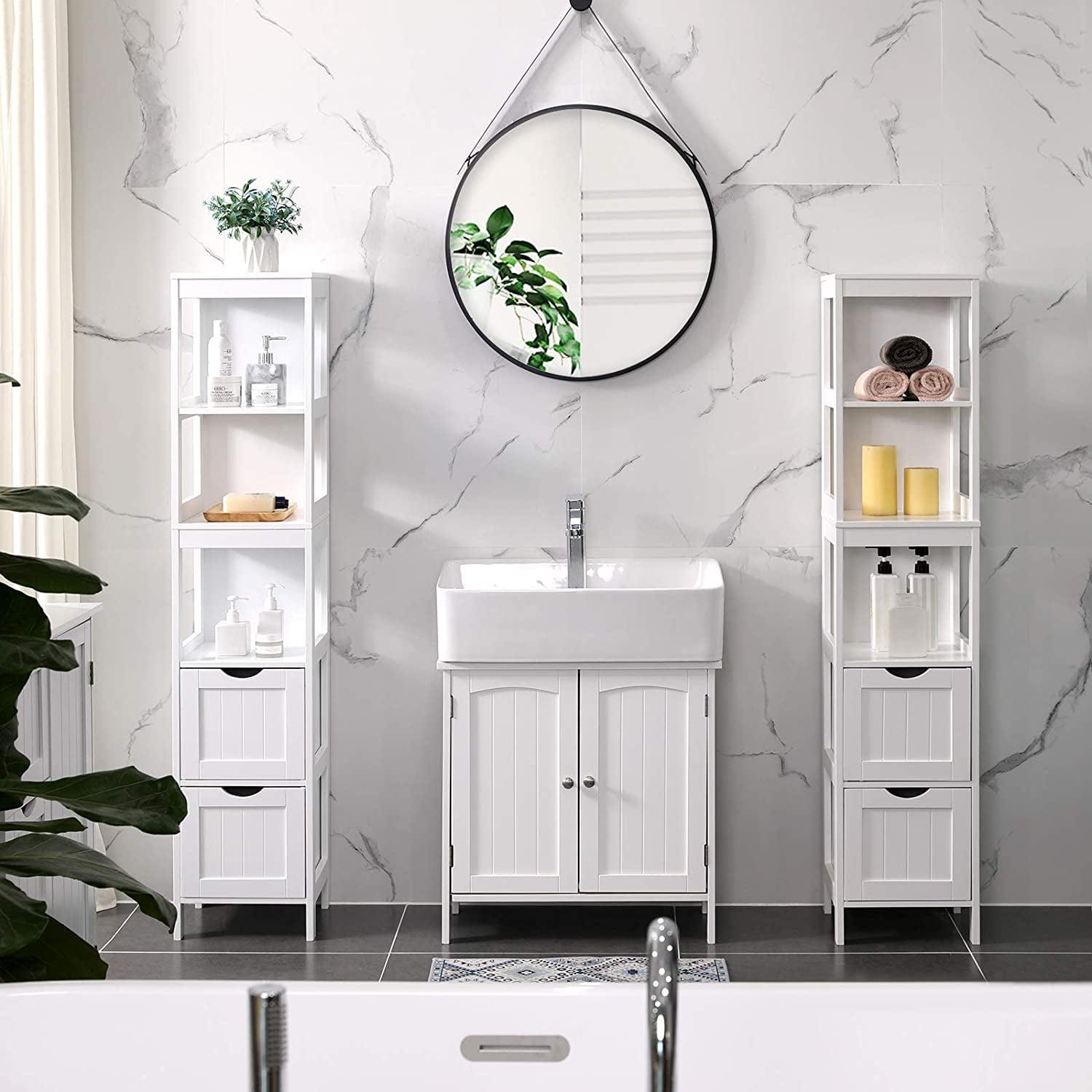 White MDF Tall Bathroom Cabinet with Drawers and Shelves